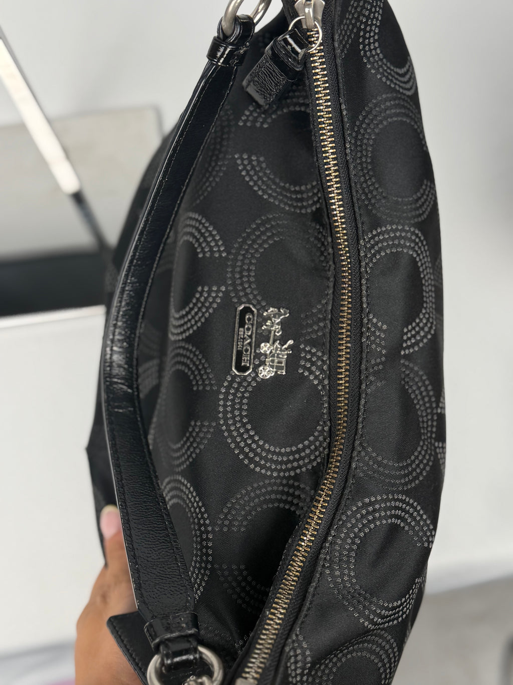 Coach 15929 Madison Op Art Black and White Monogram Shoulder Bag Leather Trim