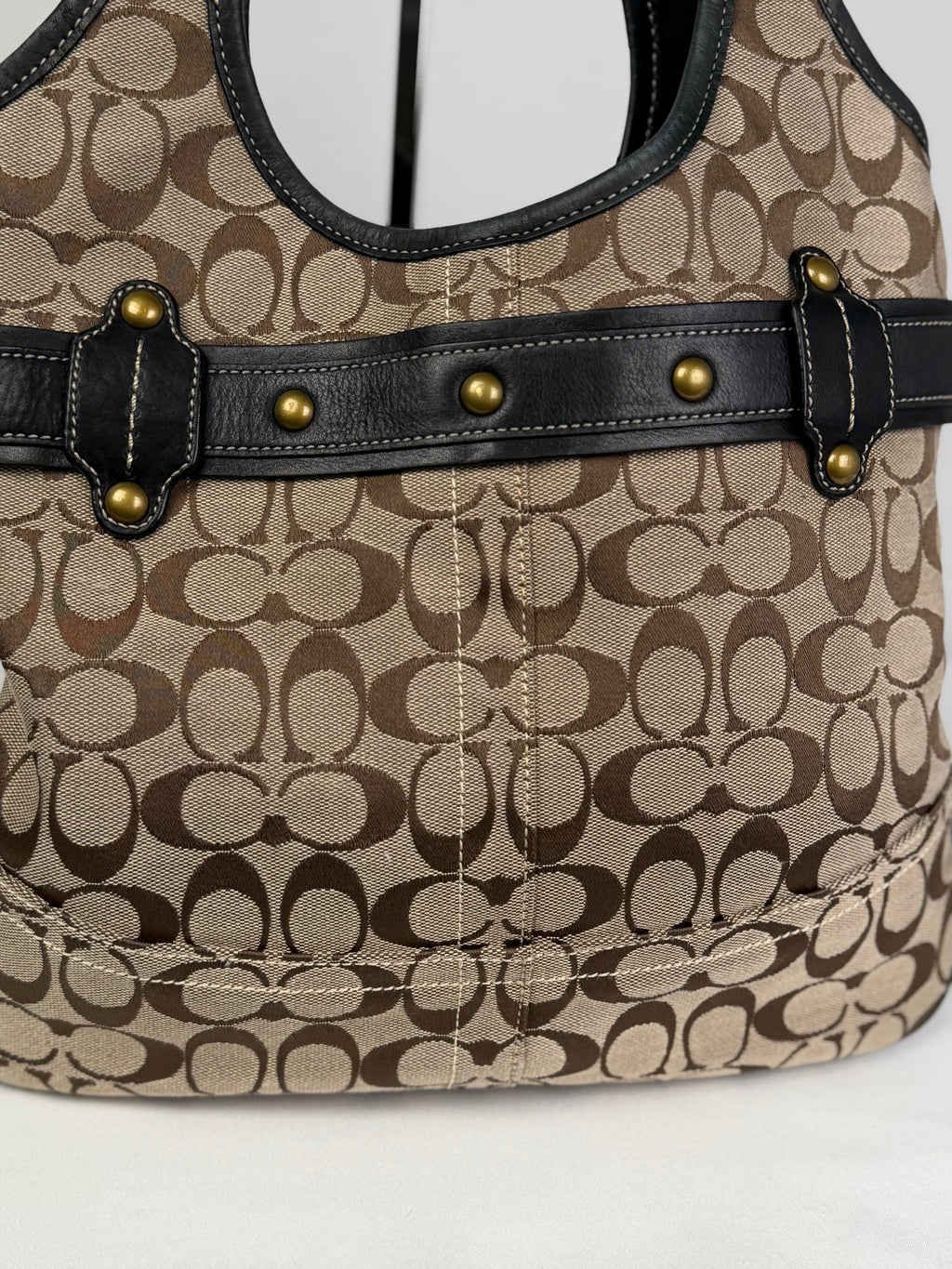 Coach 11280 Ergo Horsebit Signature Brown Monogram Shoulder Bag Black Leather Trim