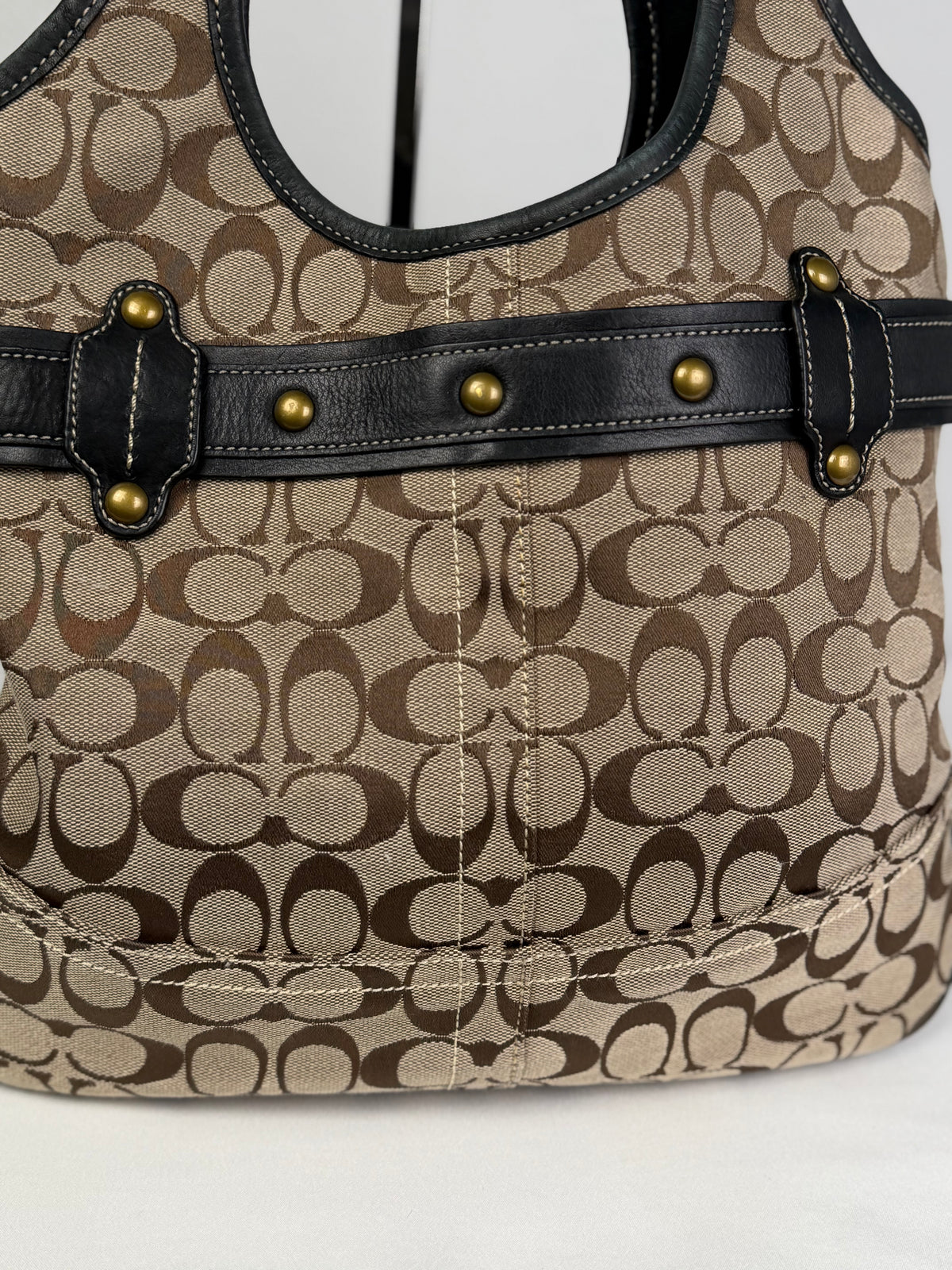 Coach 11280 Ergo Horsebit Signature Brown Monogram Shoulder Bag Black Leather Trim