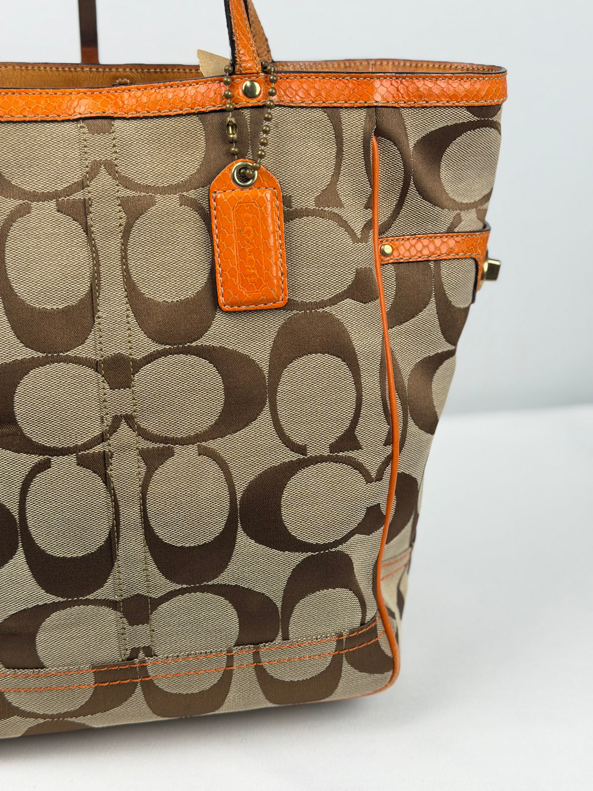 Coach 8626 Signature Brown Monogram Tote Shoulder Bag Orange Leather Trim