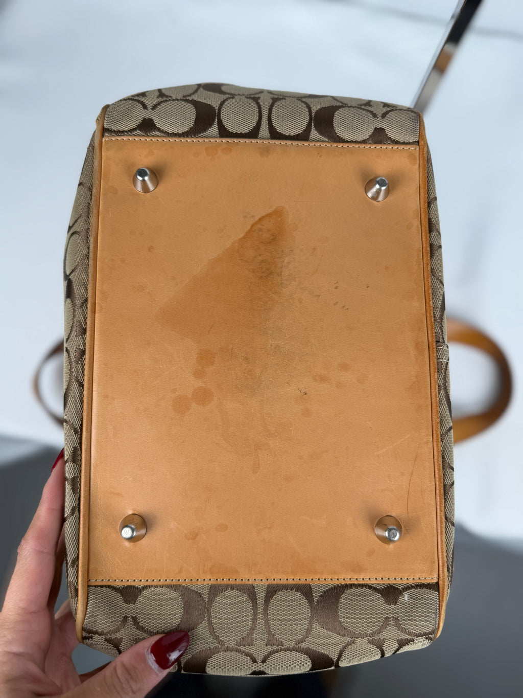 Coach 6352 Signature Brown Monogram Shoulder Bag Tan Leather Trim