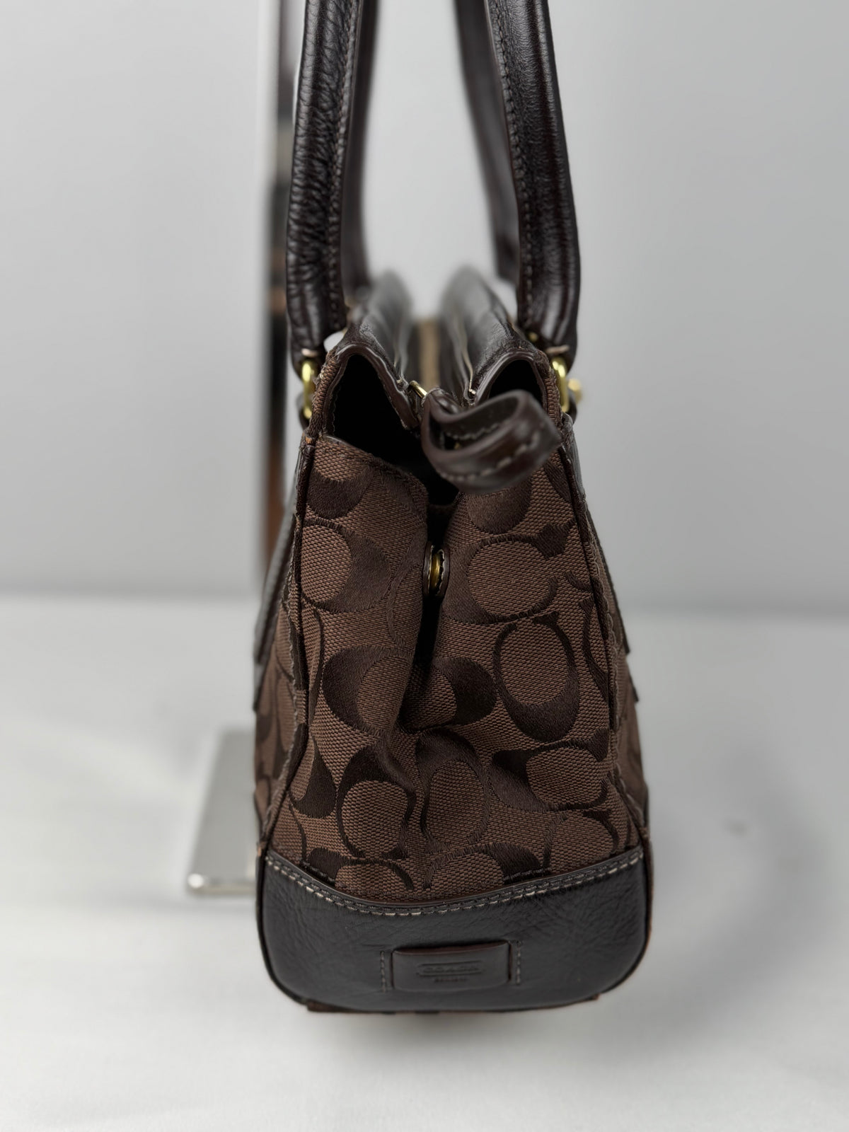 Coach 11062 Hampton Signature Chocolate Brown Monogram Shoulder Bag Leather Trim