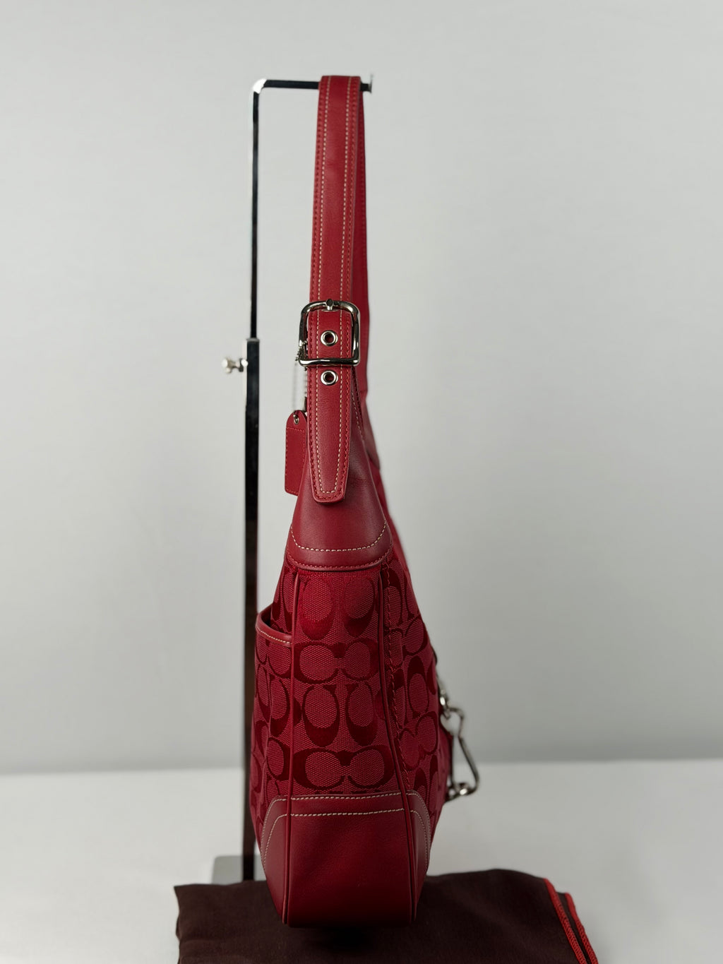 Rare Coach 8K03 Hampton Clip Red Monogram Shoulder Bag Leather Trim