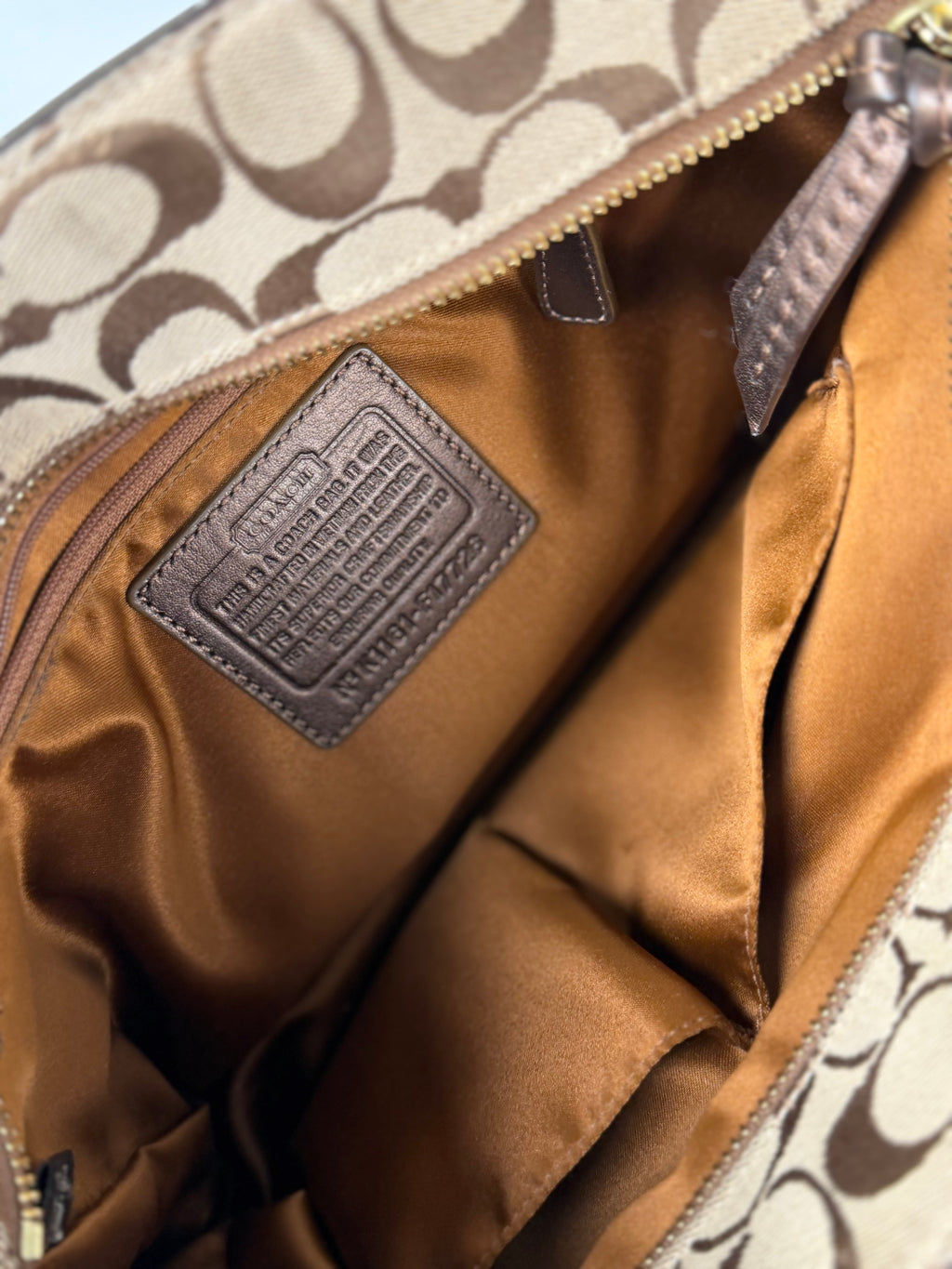 Coach F17726 Signature Brown Shoulder Tote Bag Leather Trim