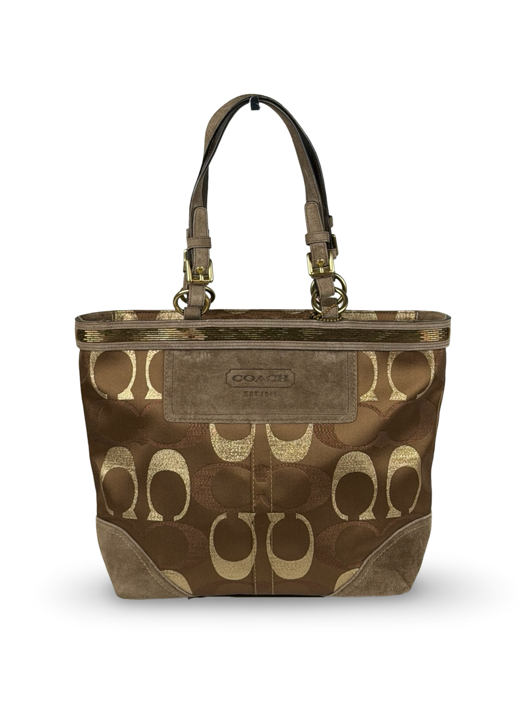 Coach 10445 Signature Brown Monogram Shoulder Bag Suede Leather Trim