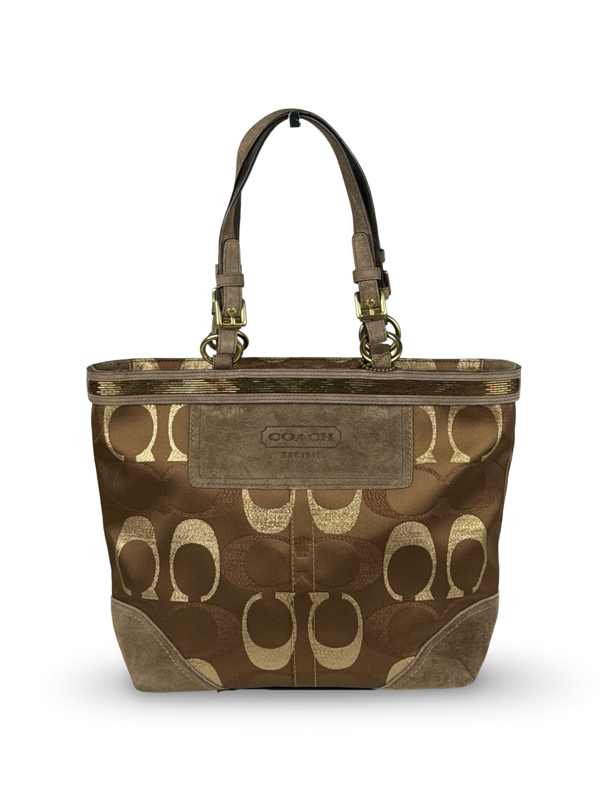 Coach 10445 Signature Brown Monogram Shoulder Bag Suede Leather Trim