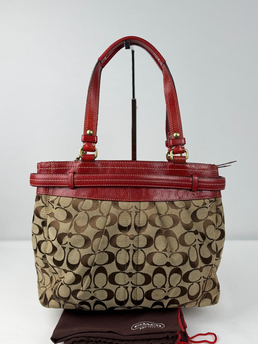 Coach 12467 Signature Brown Monogram Shoulder Bag Red Leather Trim