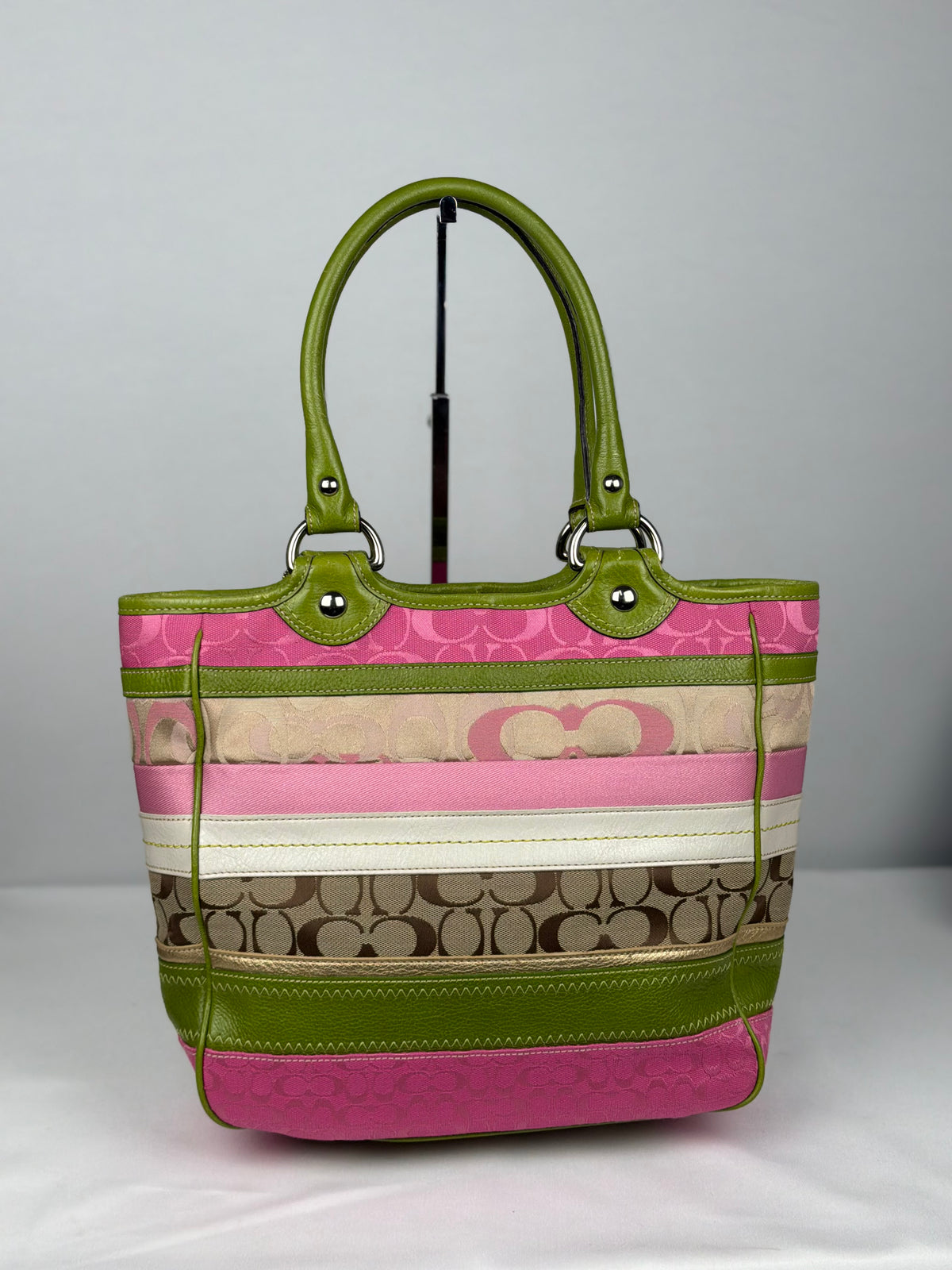 Coach F14726 Bleecker RARE Patchwork Pink/Green Monogram Shoulder Bag Leather Trim
