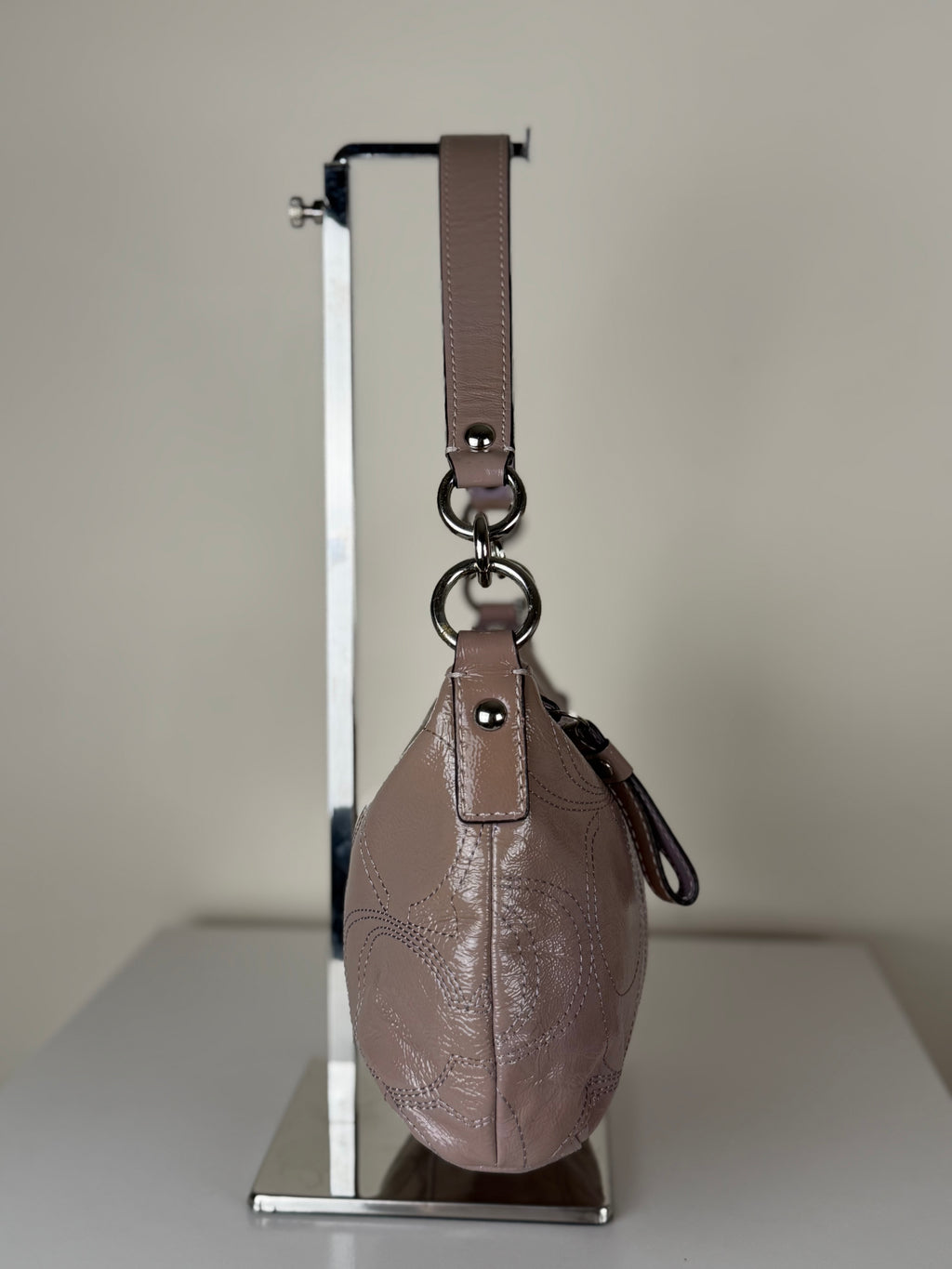 Coach F15141 Monogram Embossed Purple Patent Leather Shoulder Bag with Detachable Crossbody Strap
