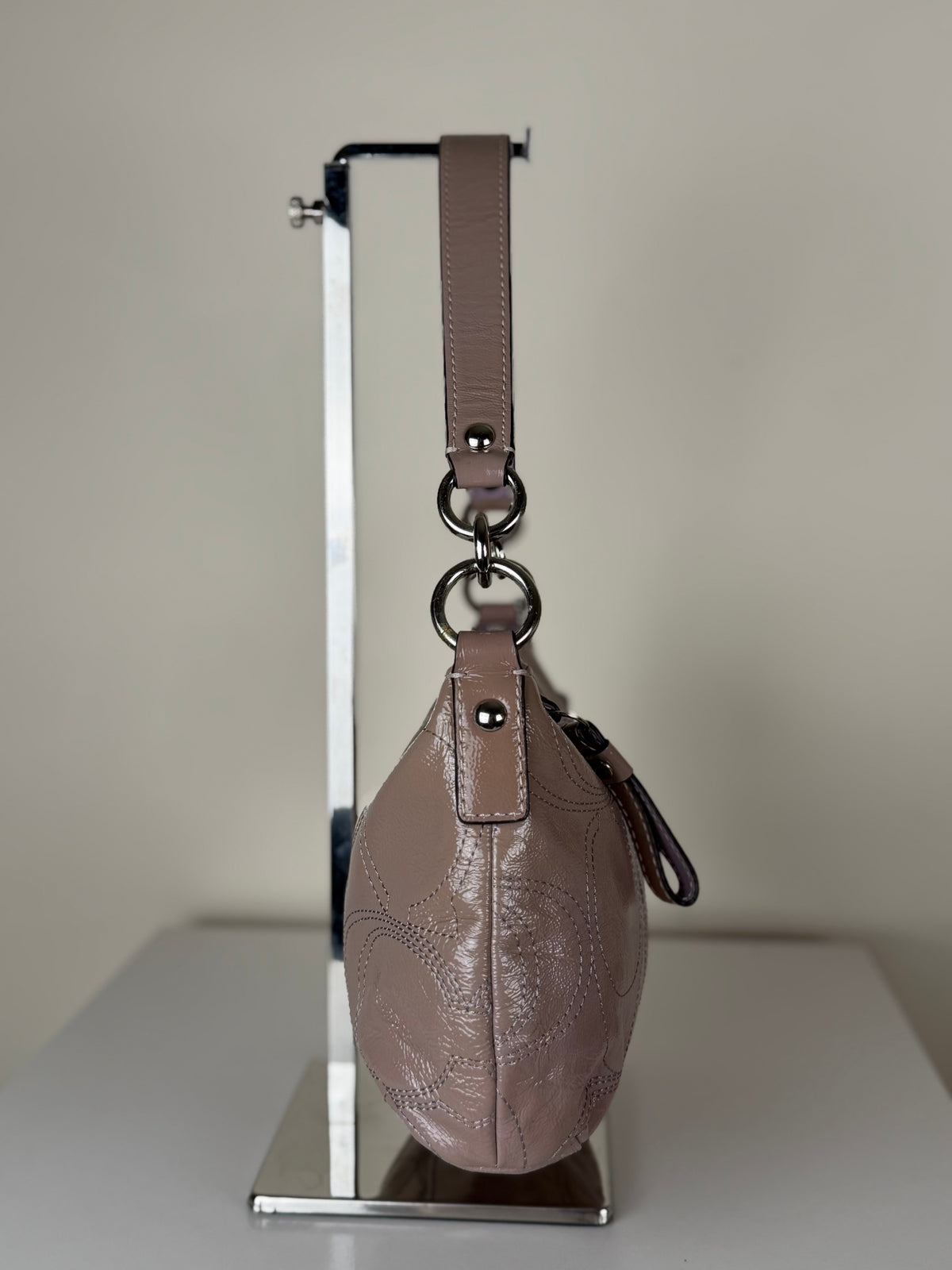 Coach F15141 Monogram Embossed Purple Patent Leather Shoulder Bag with Detachable Crossbody Strap