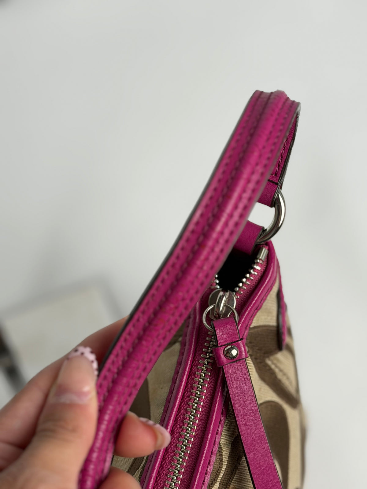Coach F24063 Signature Brown Monogram Shoulder Bag Pink Leather Trim