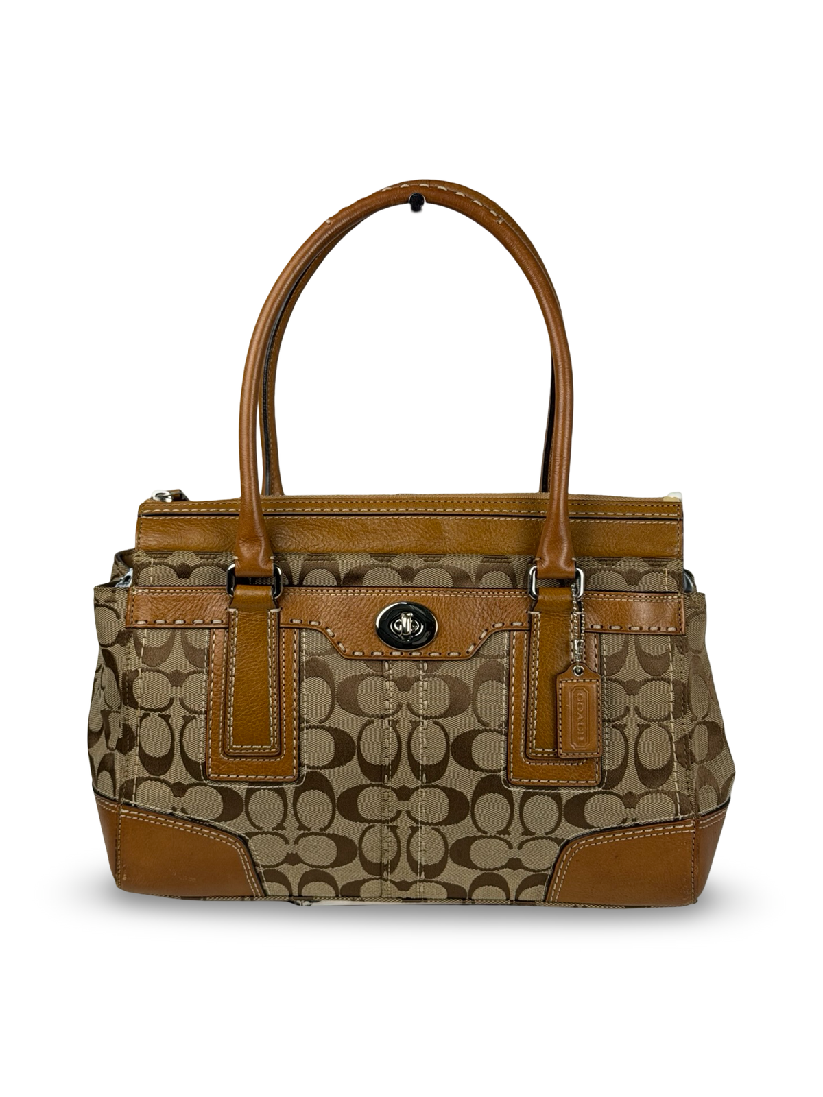 Coach 11589 Hampton Turnlock Signature Brown Monogram Shoulder Bag Leather Trim