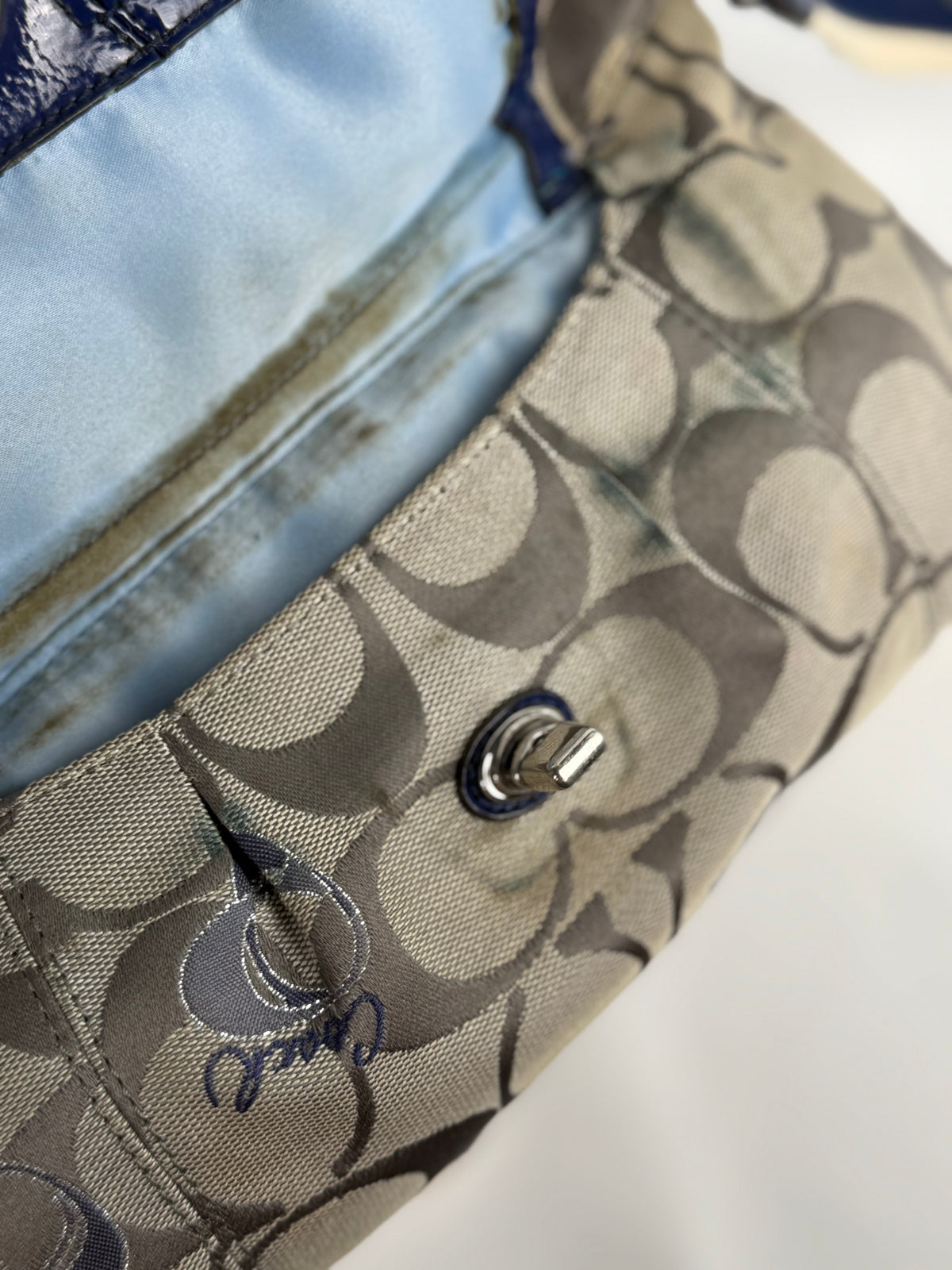 Coach F18756 Poppy Beige Monogram Blue Leather Trim Shoulder Bag