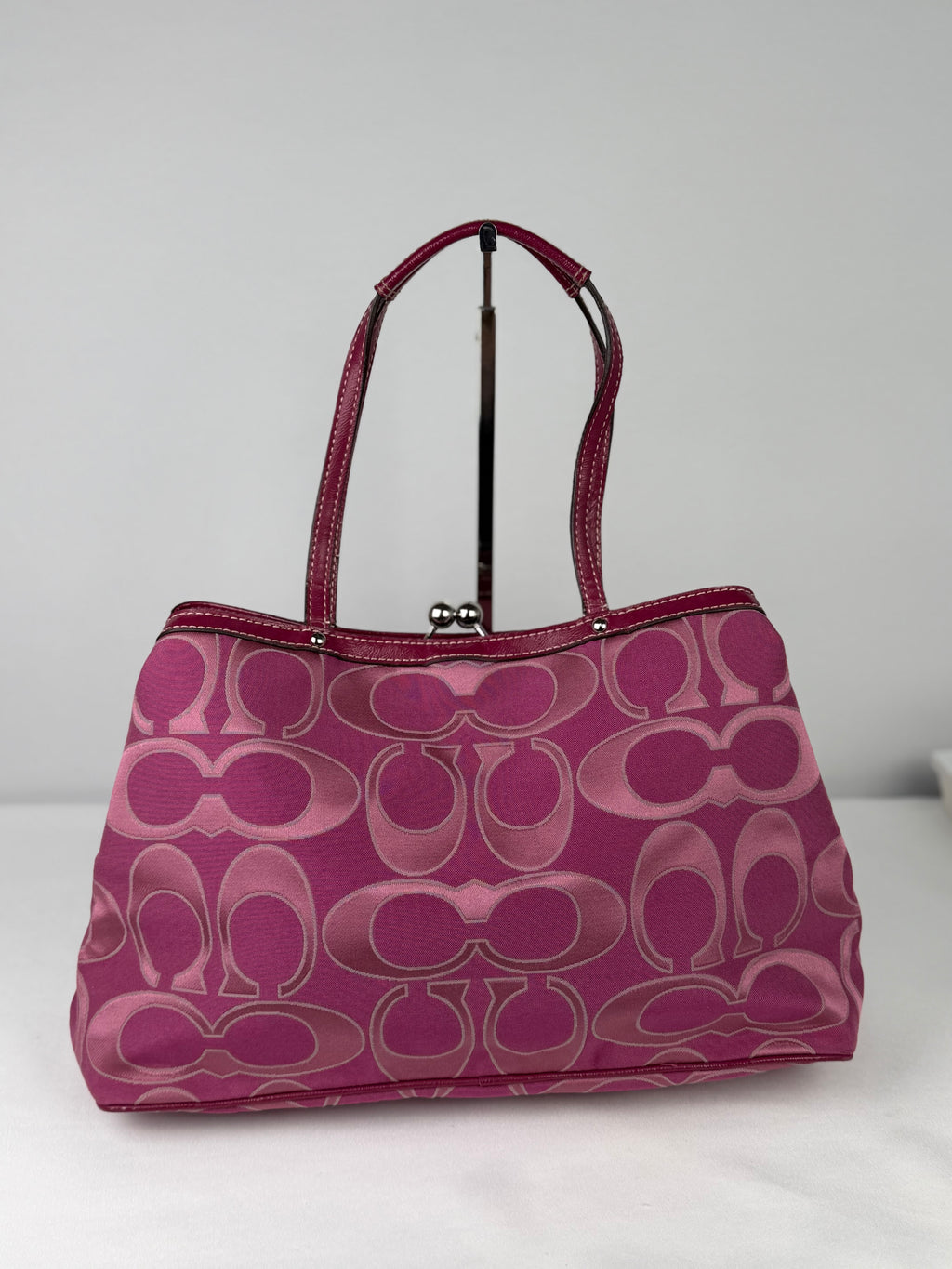 Coach F19460 Kisslock Signature Pink Monogram Shoulder Bag Leather Trim