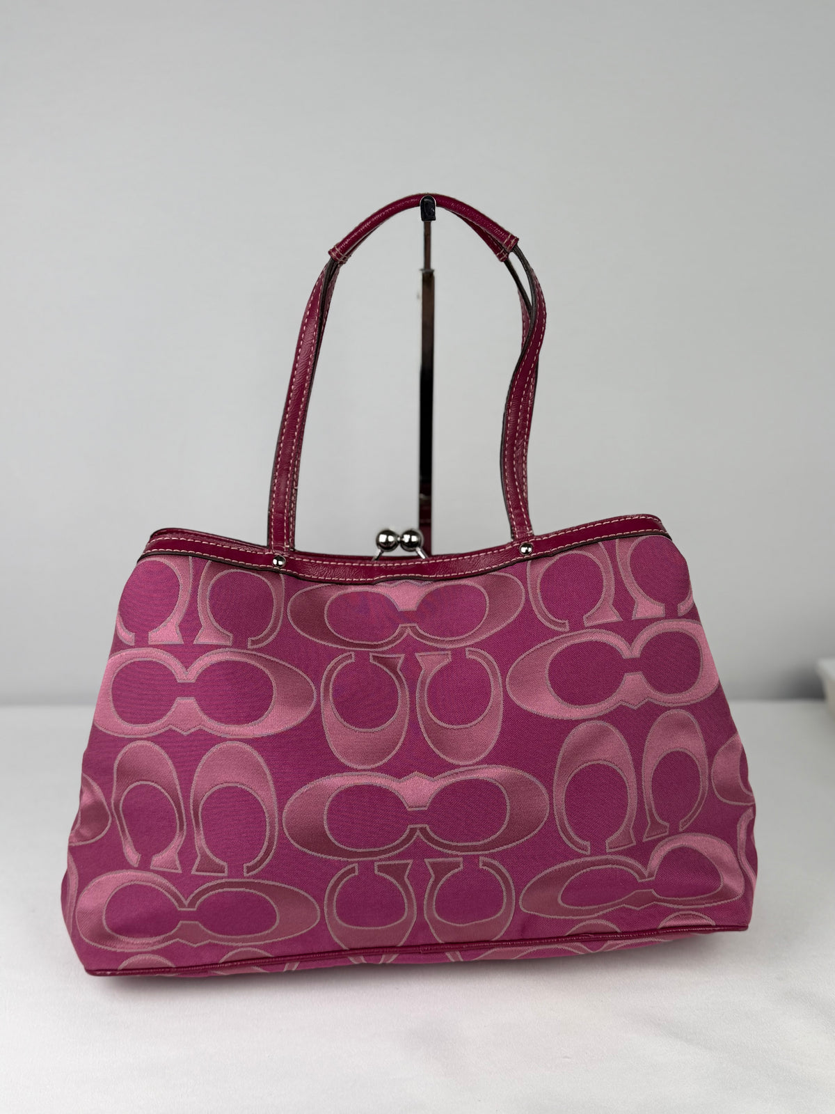 Coach F19460 Kisslock Signature Pink Monogram Shoulder Bag Leather Trim