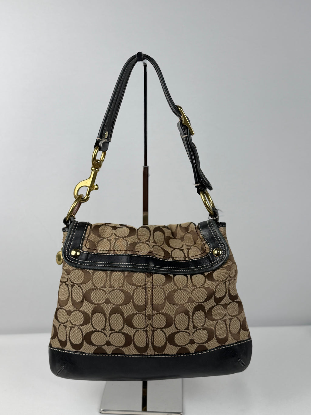Coach 10338 Ali Legacy Turnlock Flap Signature Brown Monogram Shoulder Bag Black Leather Trim