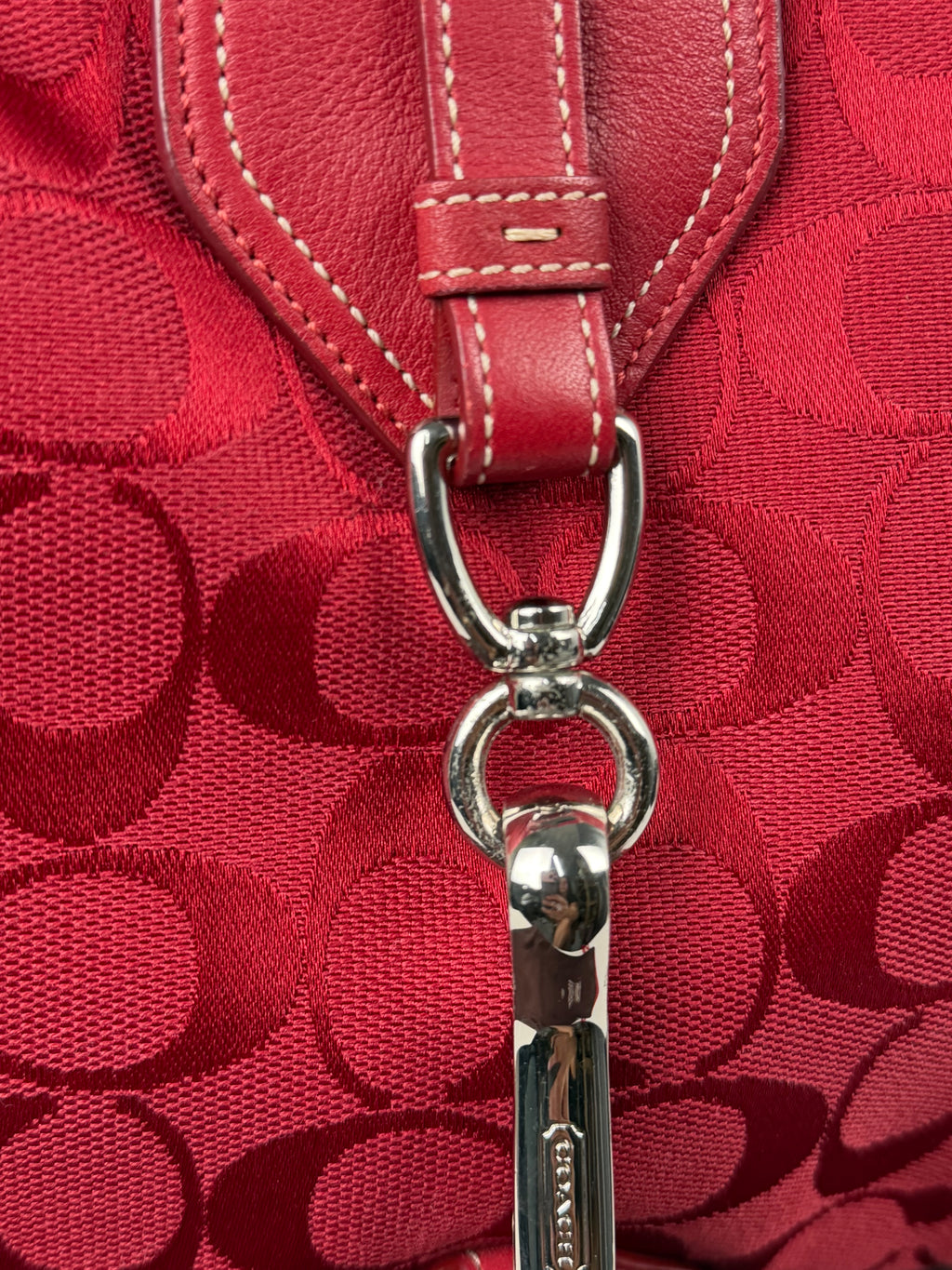 Rare Coach 8K03 Hampton Clip Red Monogram Shoulder Bag Leather Trim