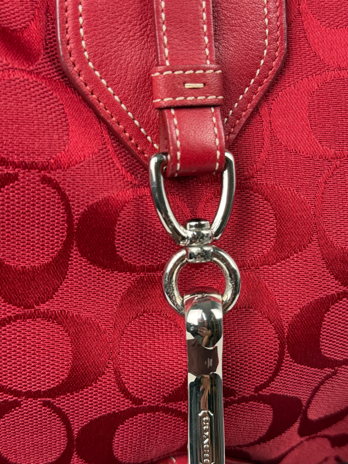 Rare Coach 8K03 Hampton Clip Red Monogram Shoulder Bag Leather Trim