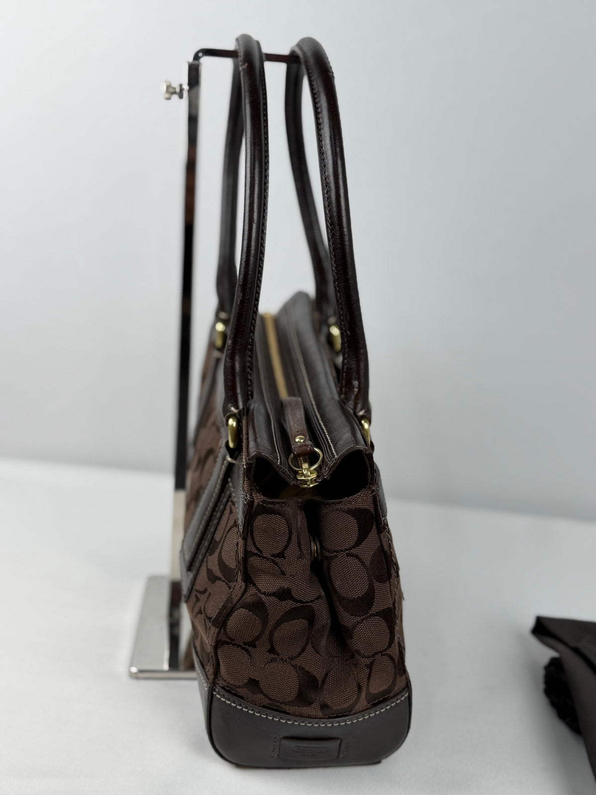 Coach 11062 Hampton Signature Chocolate Brown Monogram Shoulder Bag Leather Trim