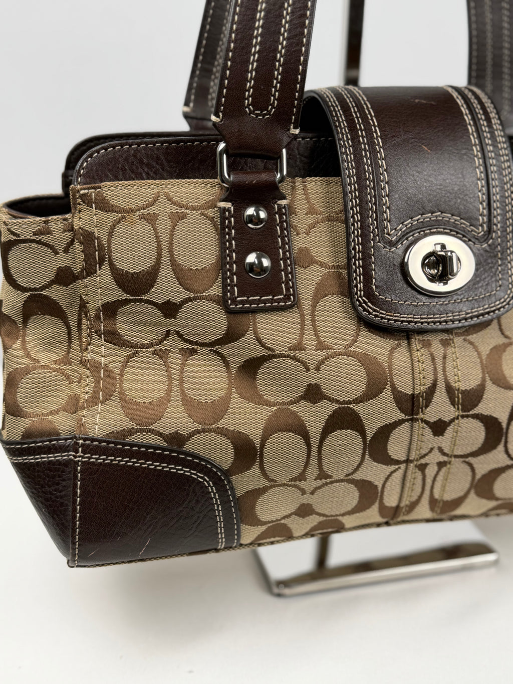 Coach F13975 Hampton Turnlock Flap Signature Brown Monogram Shoulder Bag Leather Trim
