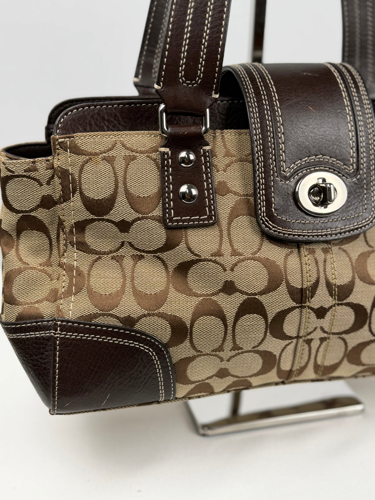 Coach F13975 Hampton Turnlock Flap Signature Brown Monogram Shoulder Bag Leather Trim