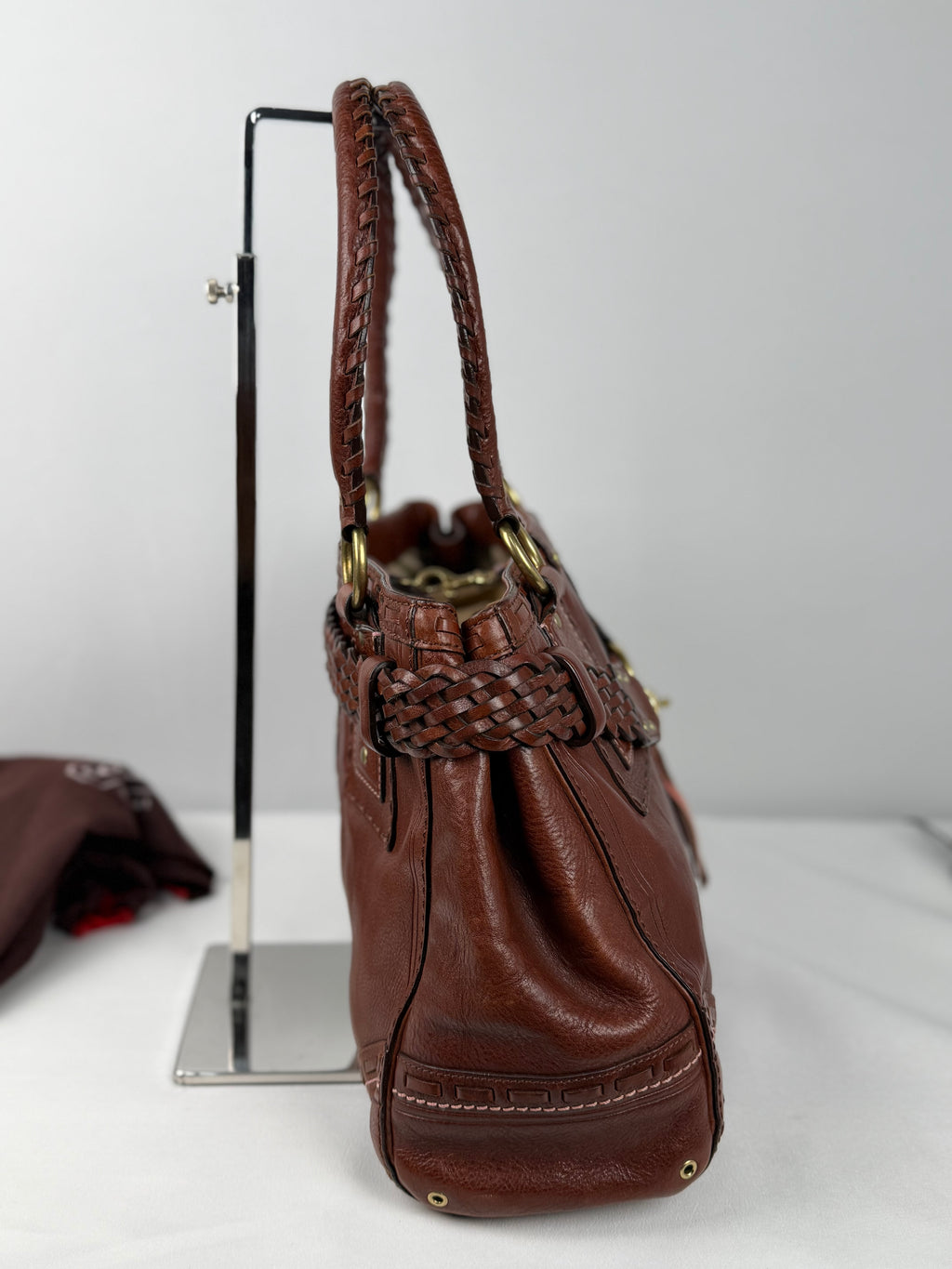 Coach 9290 Rare Hampton Clip Brown Leather Shoulder Bag Braided Detail