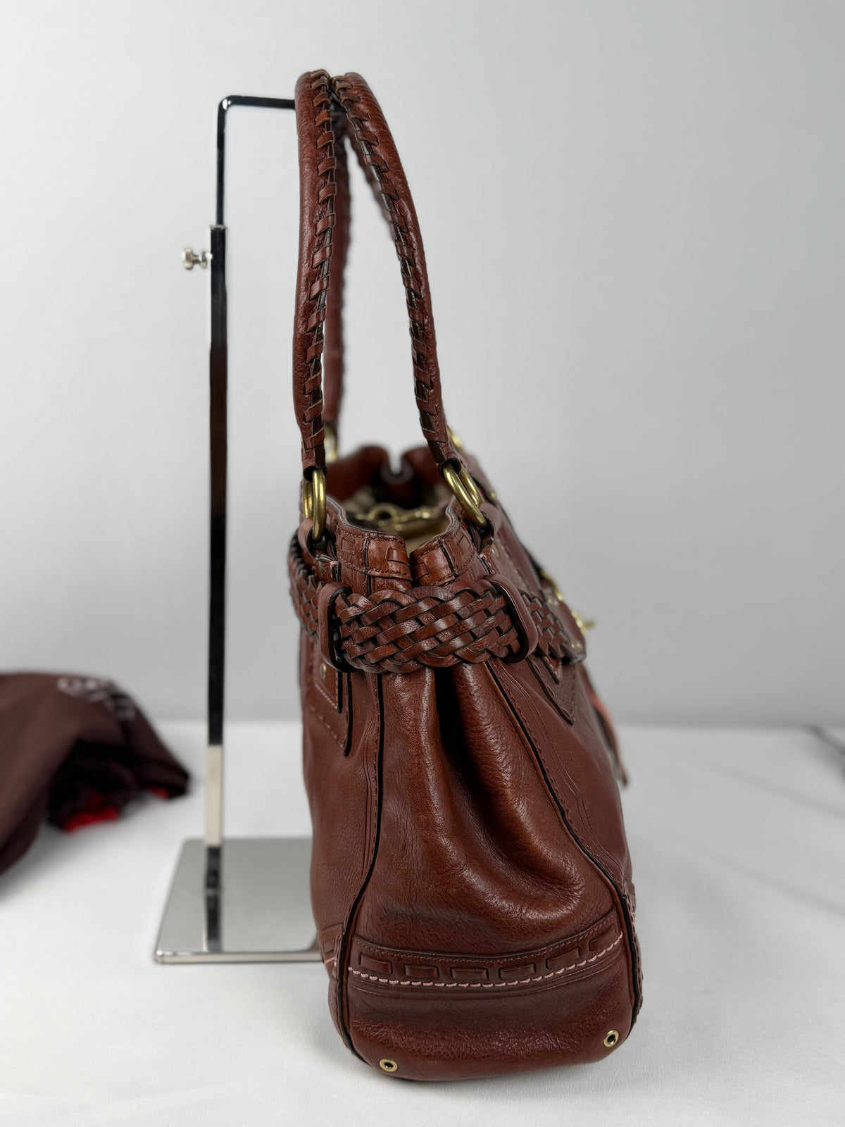 Coach 9290 Rare Hampton Clip Brown Leather Shoulder Bag Braided Detail