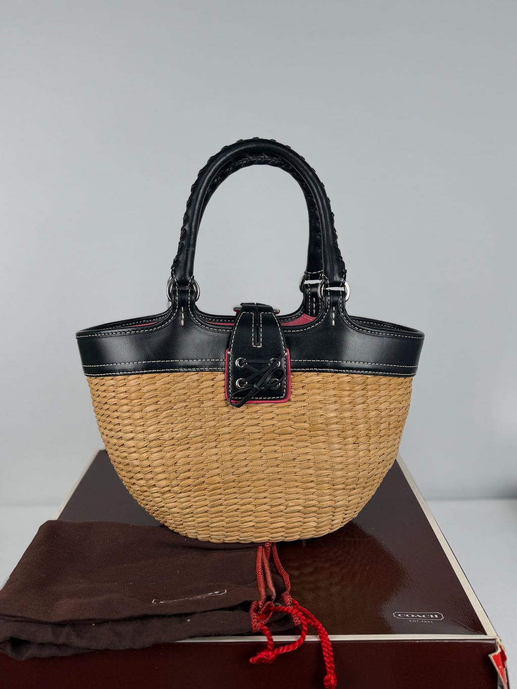 Coach 6270 Woven Wicker Basket Bag Butterfly Detail Leather Trim