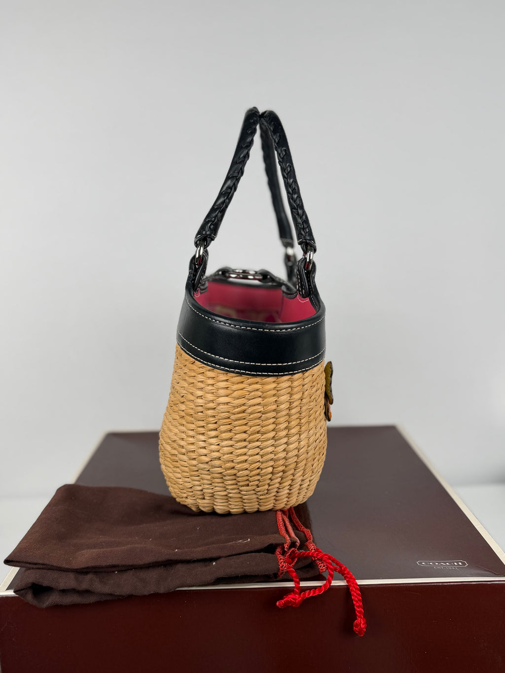 Coach 6270 Woven Wicker Basket Bag Butterfly Detail Leather Trim