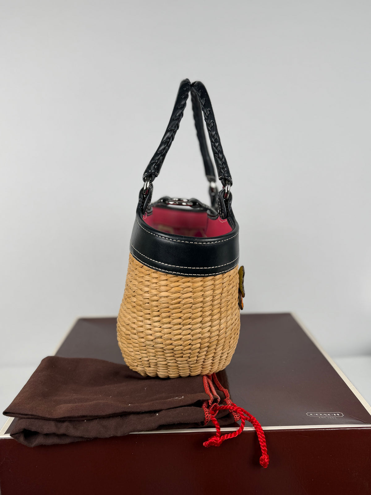 Coach 6270 Woven Wicker Basket Bag Butterfly Detail Leather Trim