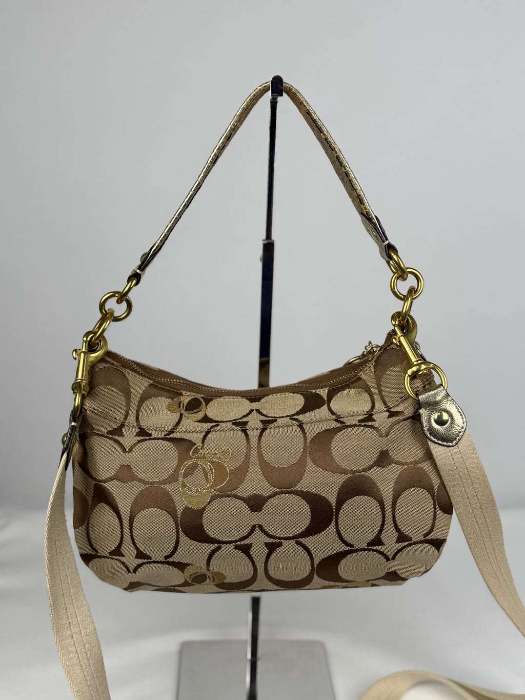 Coach F18756 Signature Brown Turnlock Shoulder Bag Leather Trim
