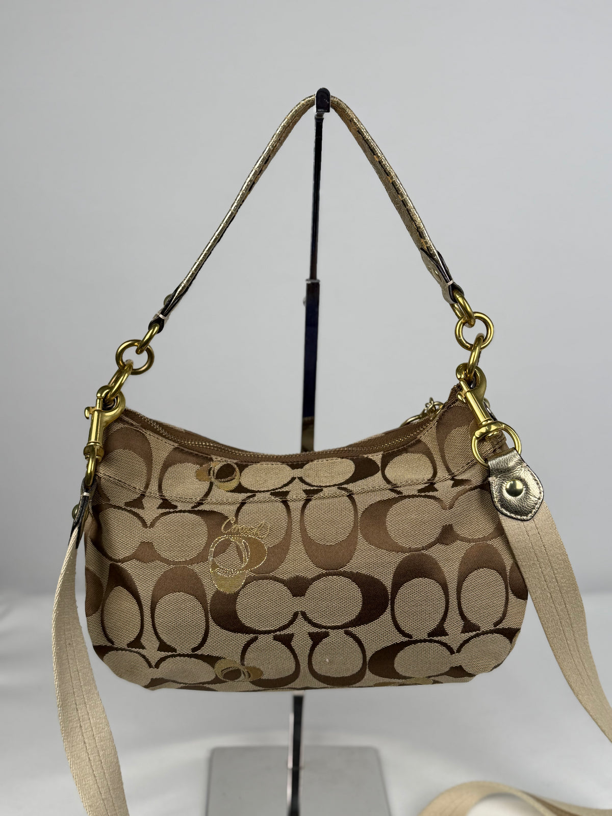 Coach F18756 Signature Brown Turnlock Shoulder Bag Leather Trim