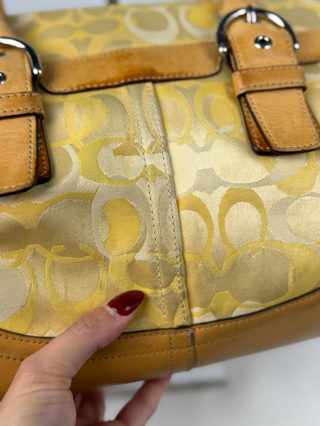 Coach 6722 Yellow Op Art Monogram Soho Shoulder Bag Tan Leather Trim