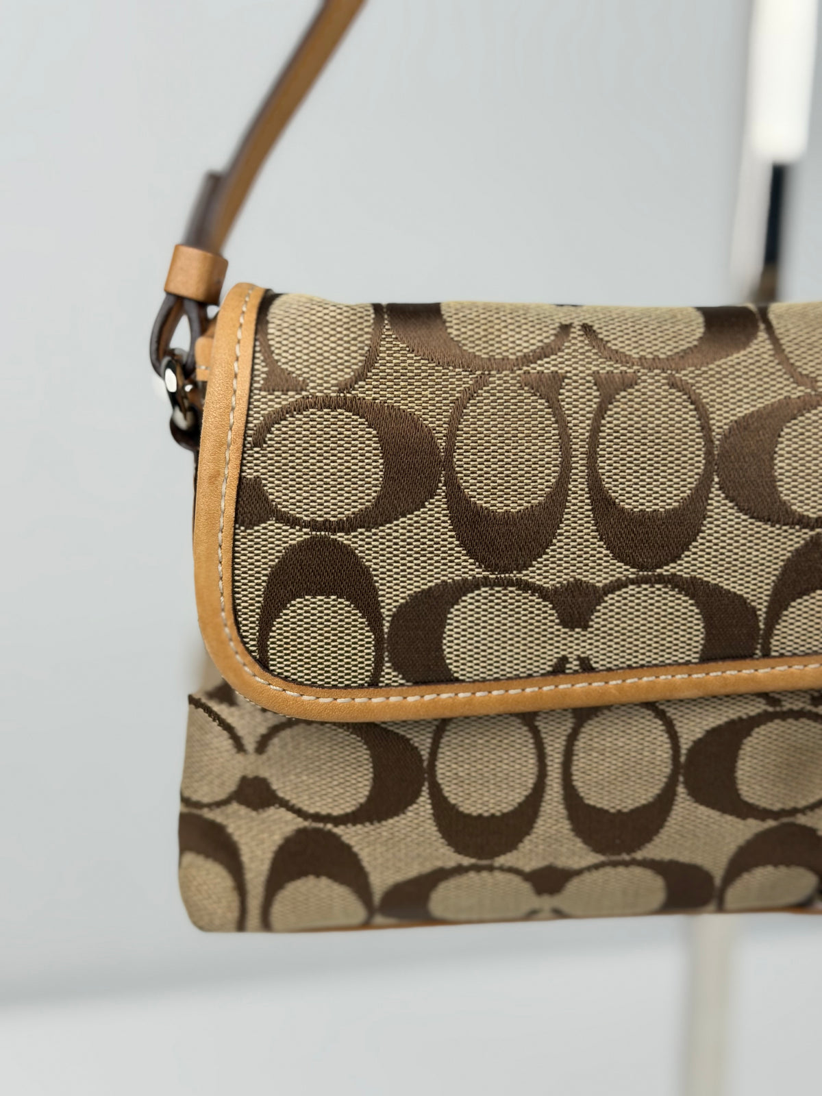 Coach 6348 Demi Clip Signature Brown Monogram Shoulder Bag Tan Leather Trim