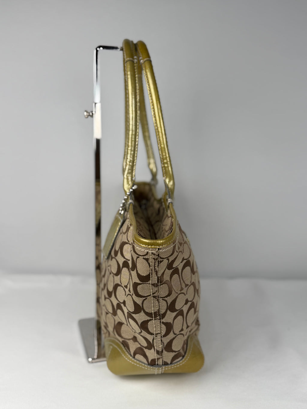 Coach F12564 Bleecker Signature Brown Monogram Shoulder Bag Gold Leather Trim