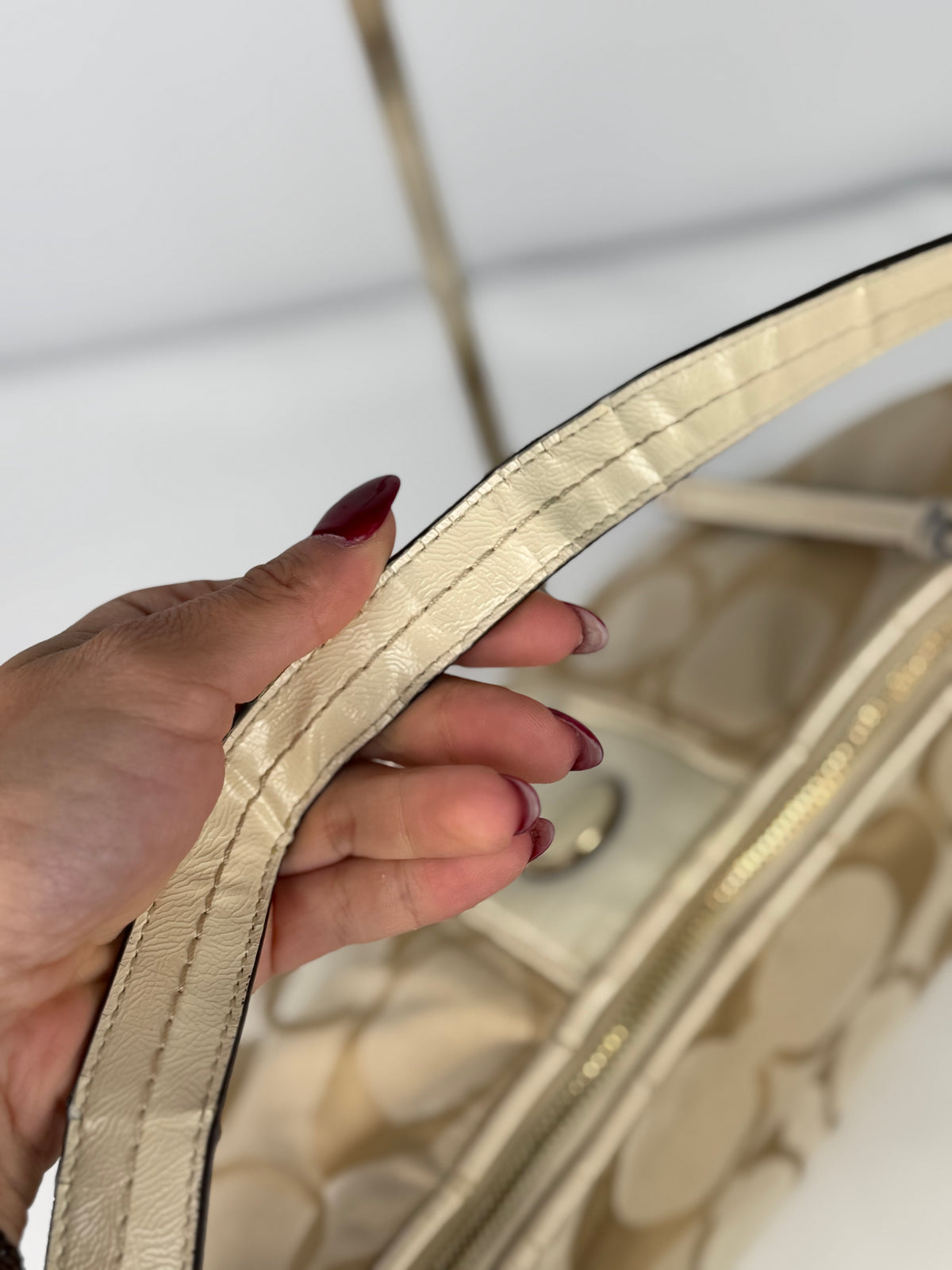 Coach F21873 Signature Beige Monogram Shoulder Bag Cream Leather Trim