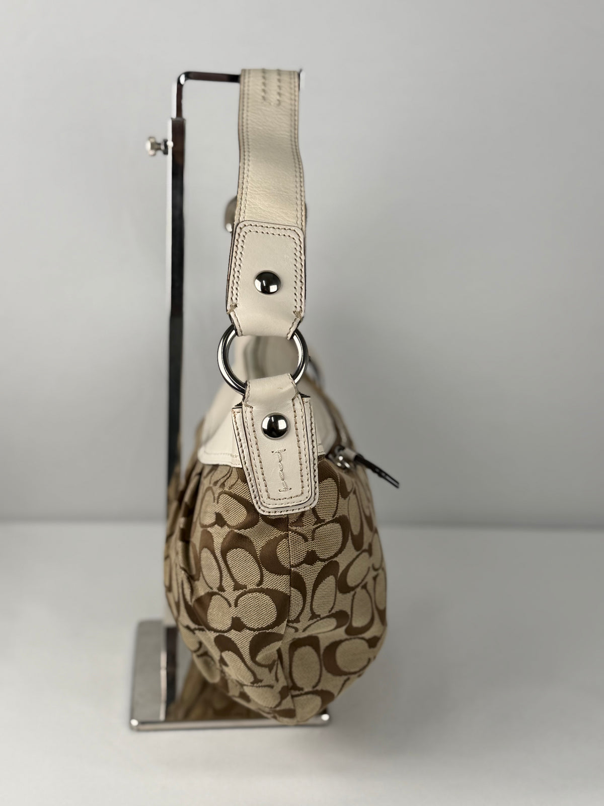 Coach F13740 Signature Brown Monogram White Leather Trim Hobo Shoulder Bag