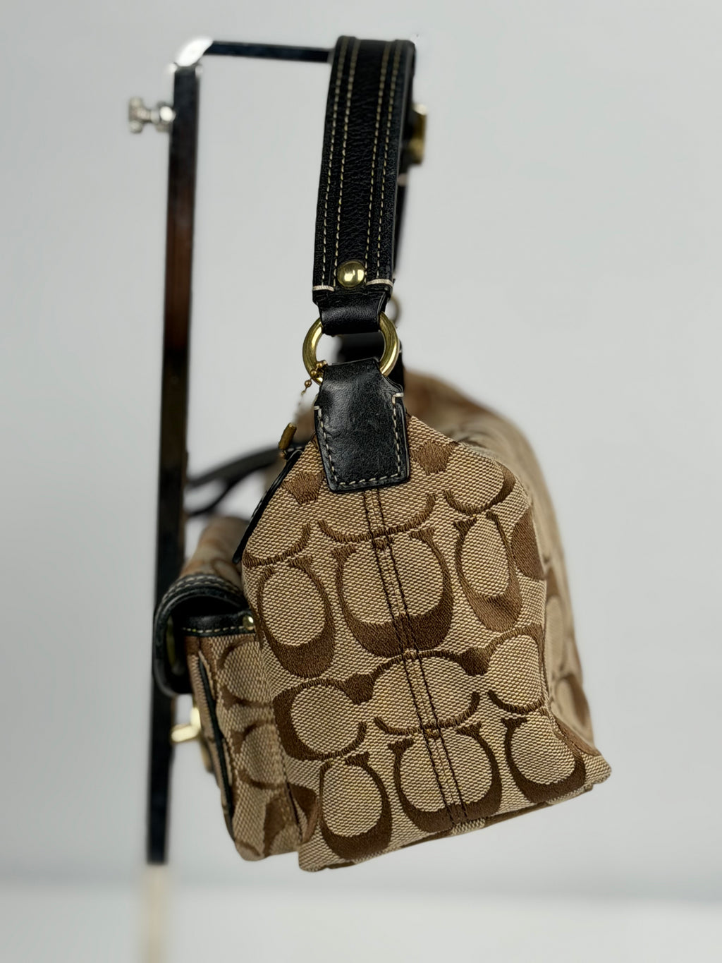Coach 40224 Legacy Signature Brown Monogram Mini Shoulder Bag Leather Trim