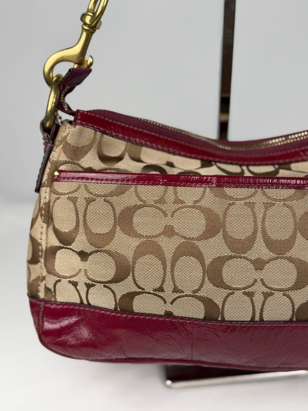Rare Coach F12869 Legacy Double Pocket Turnlock Shoulder Bag Burgundy Patent Leather Trim