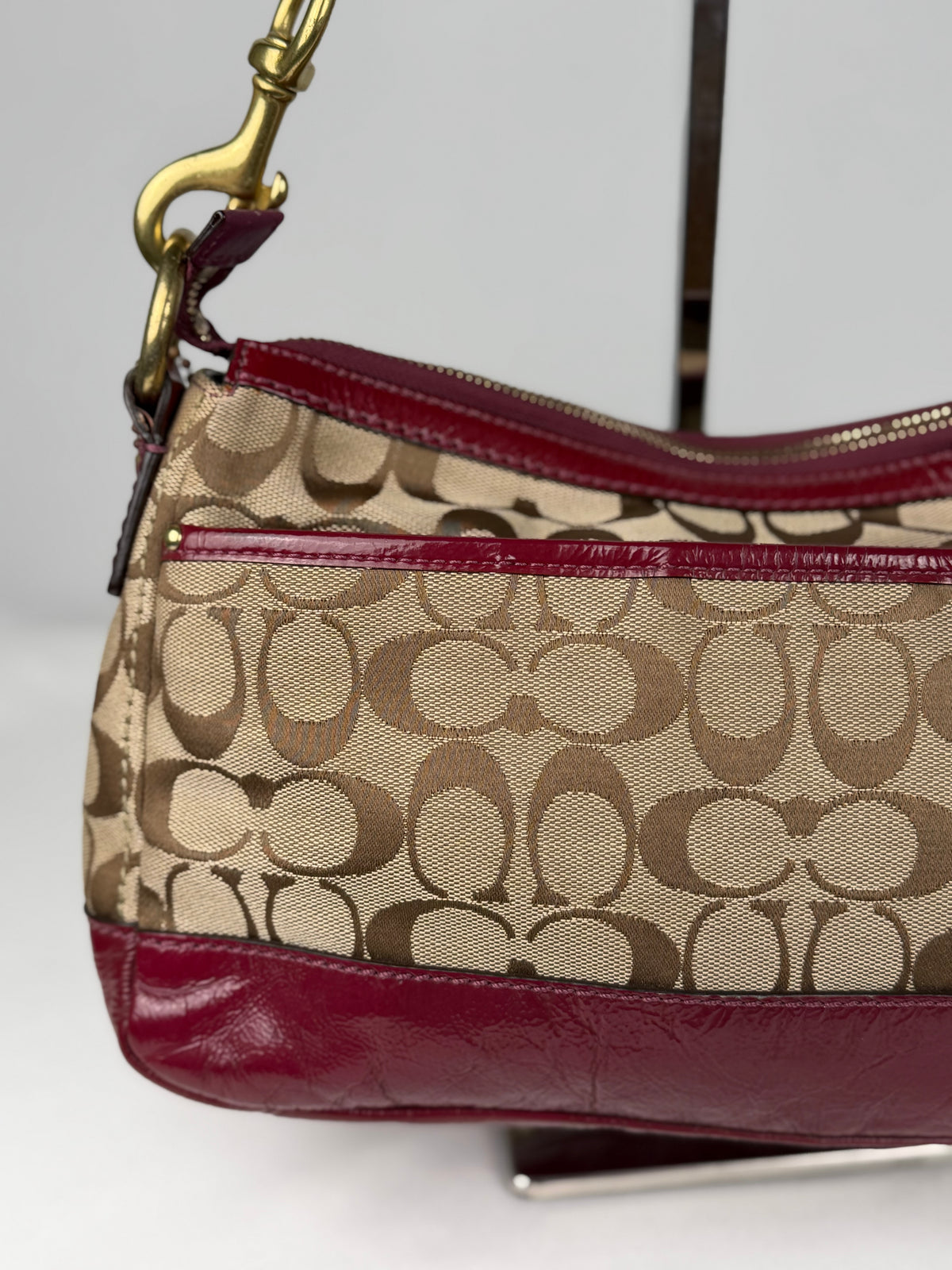 Rare Coach F12869 Legacy Double Pocket Turnlock Shoulder Bag Burgundy Patent Leather Trim