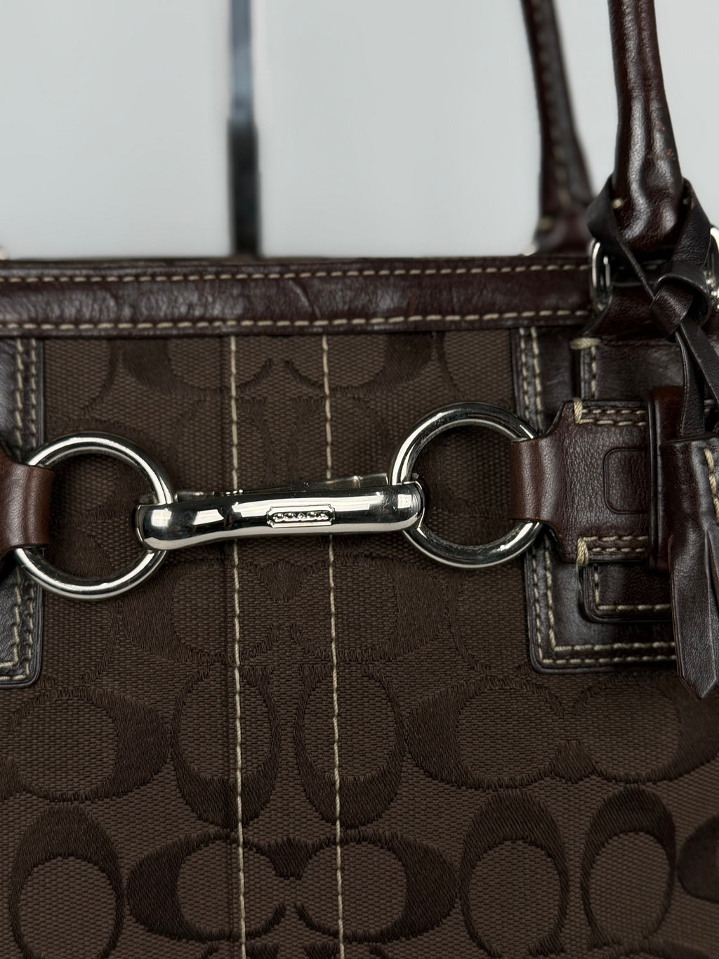 Coach 10246 Hampton Clip Signature Brown Monogram Shoulder Bag Leather Trim
