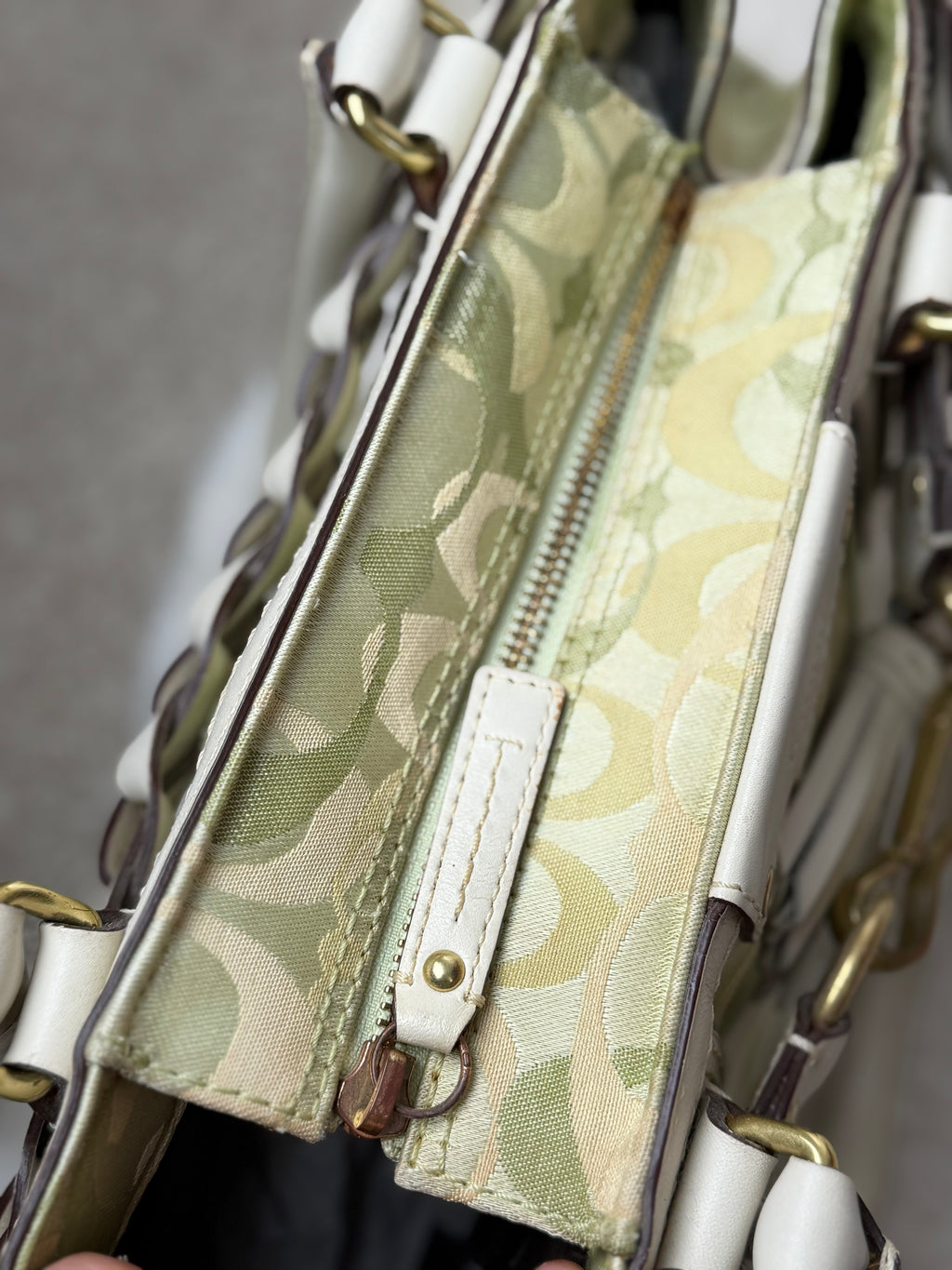 Coach 10785 Hampton Clip Green Optic Art Monogram Shoulder Bag White Leather Trim