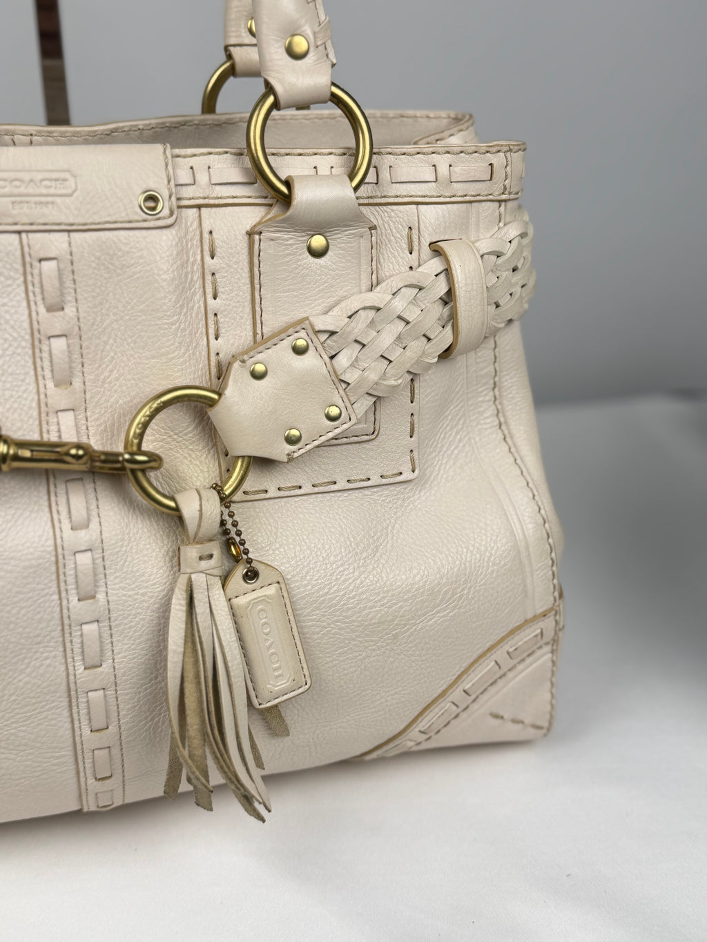 Coach 9290 Hampton Clip White Leather Shoulder Bag Braided Detailing