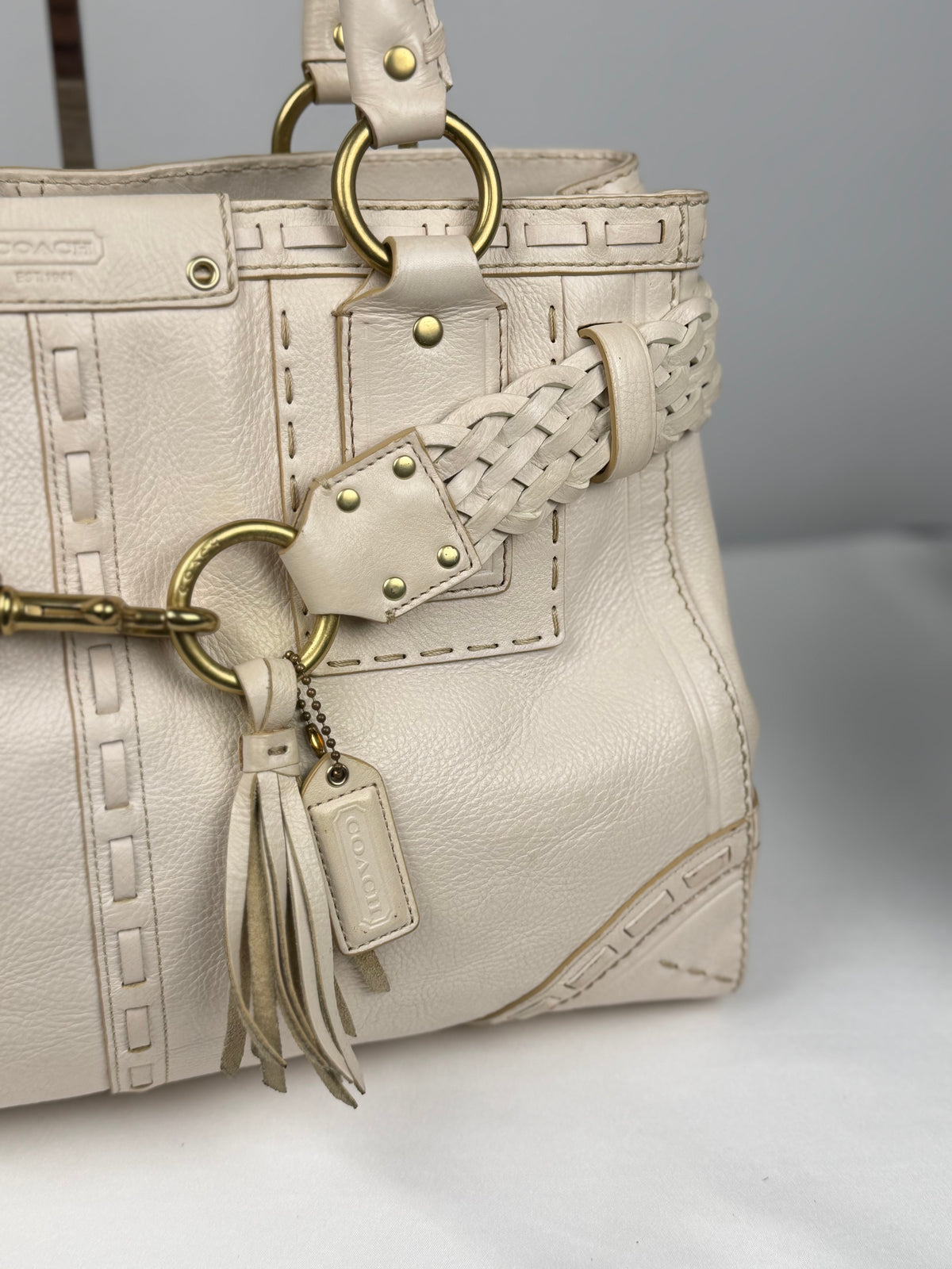Coach 9290 Hampton Clip White Leather Shoulder Bag Braided Detailing