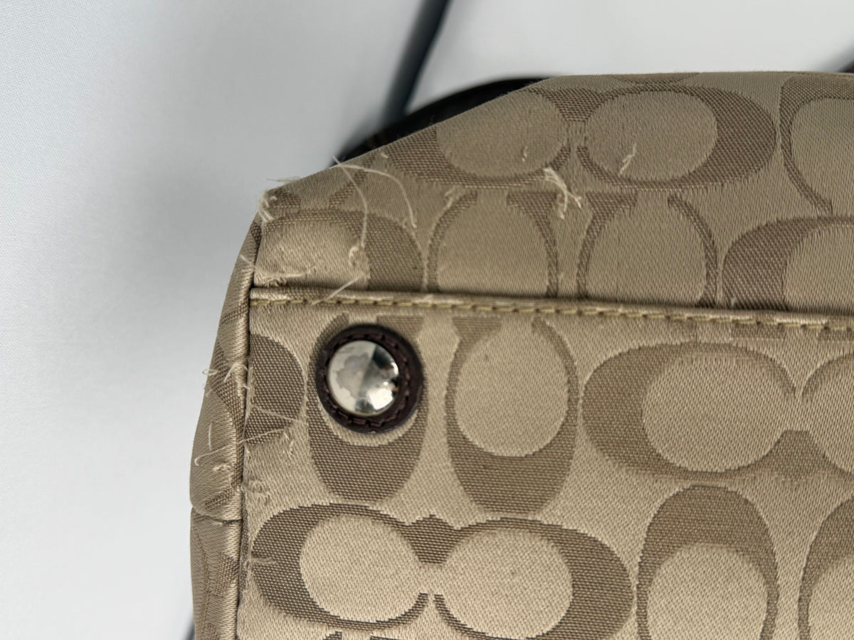 Coach F19043 Turnlock Signature Beige Monogram Shoulder Bag Brown Leather Trim