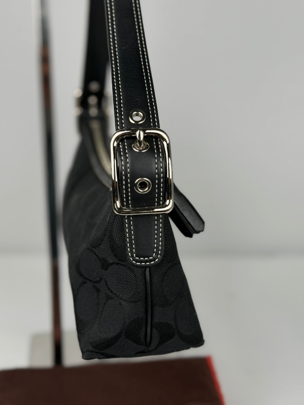 Coach 8K01 Baguette Signature Black Shoulder Bag Leather Trim with dustbag