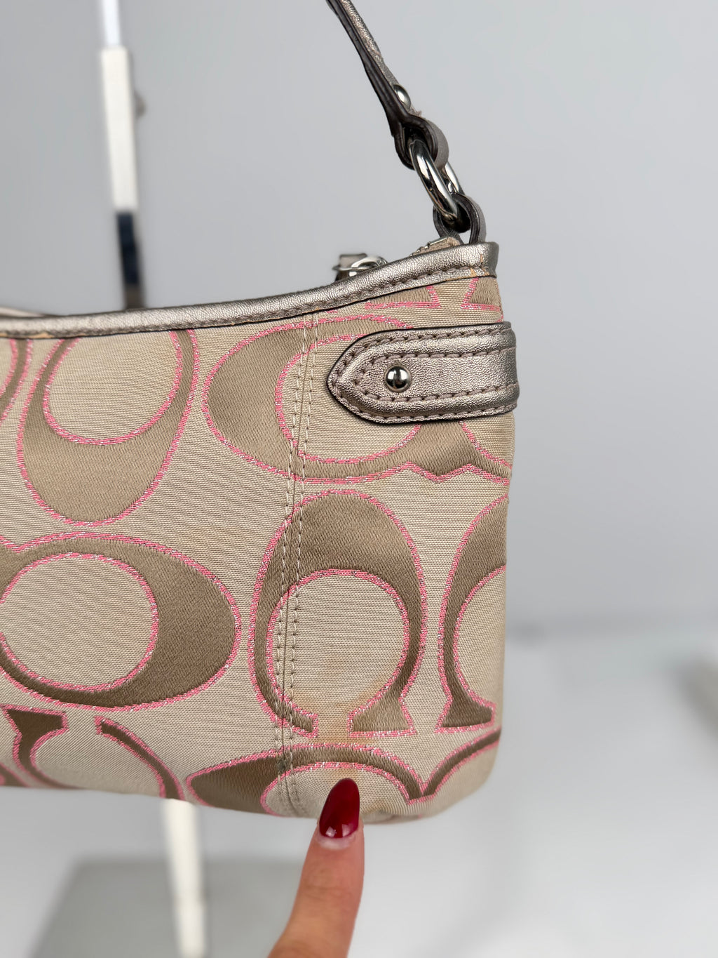 Coach F23946 Daisy Signature Monogram Pink/Beige Shoulder Bag Leather Trim