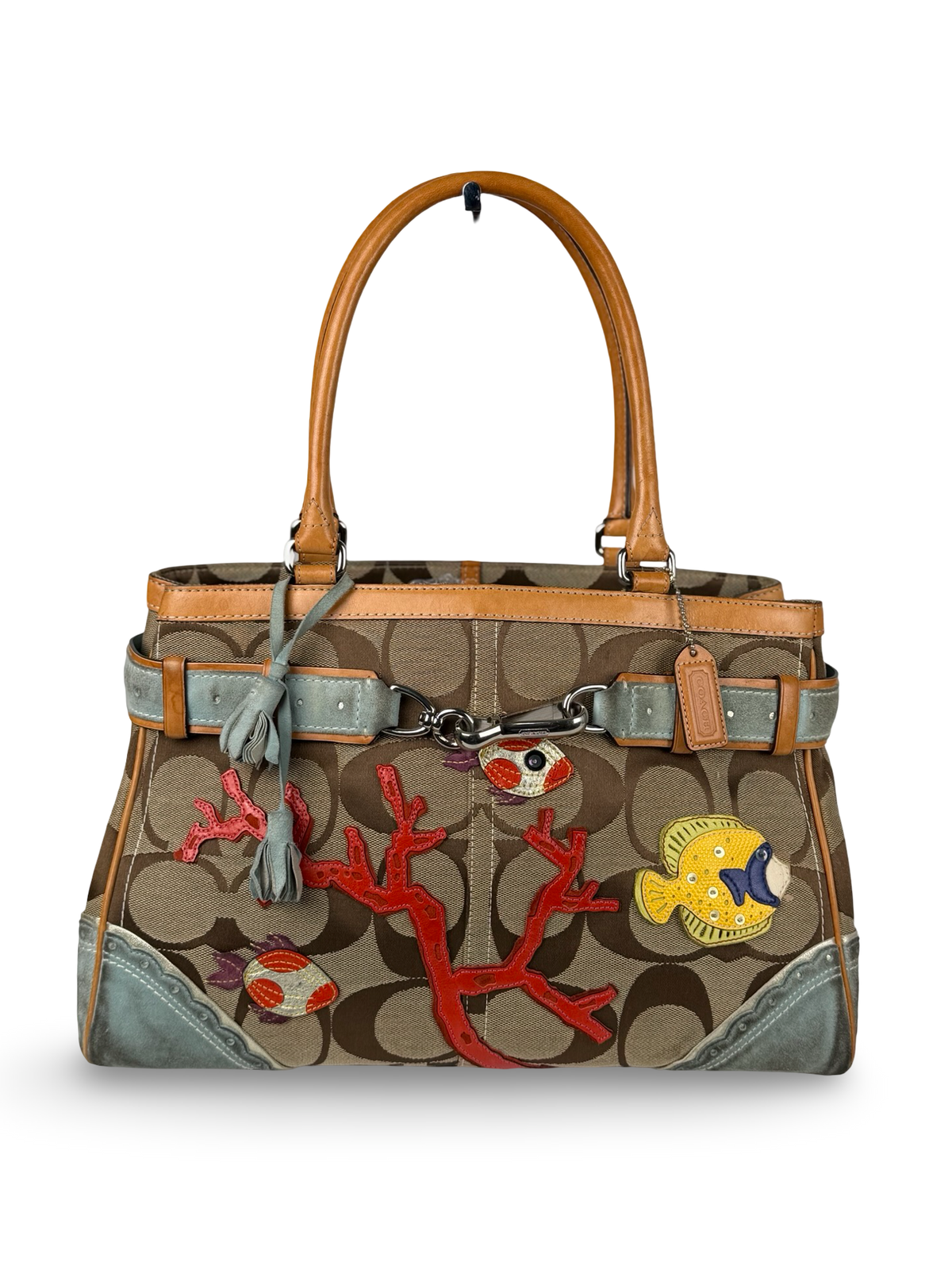 Coach 1490 Rare Limited Edition Hampton Clip Tropical Fish Signature Brown Monogram Shoulder Bag Suede Leather Trim
