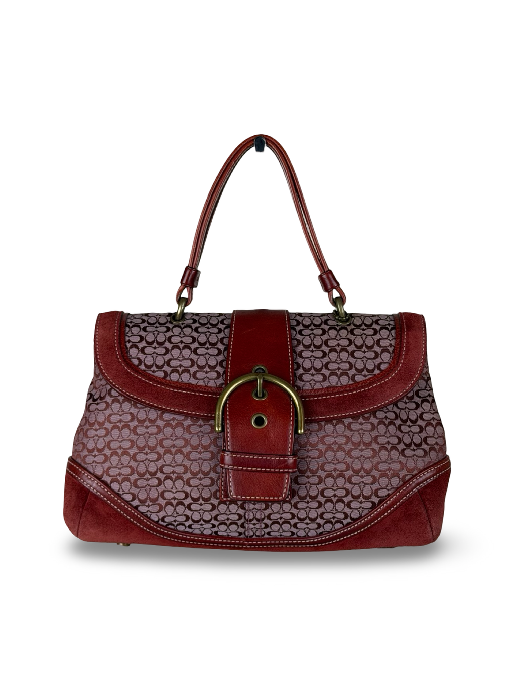 Coach 7078 Rare Soho Red Signature Monogram Hand Bag Leather Trim