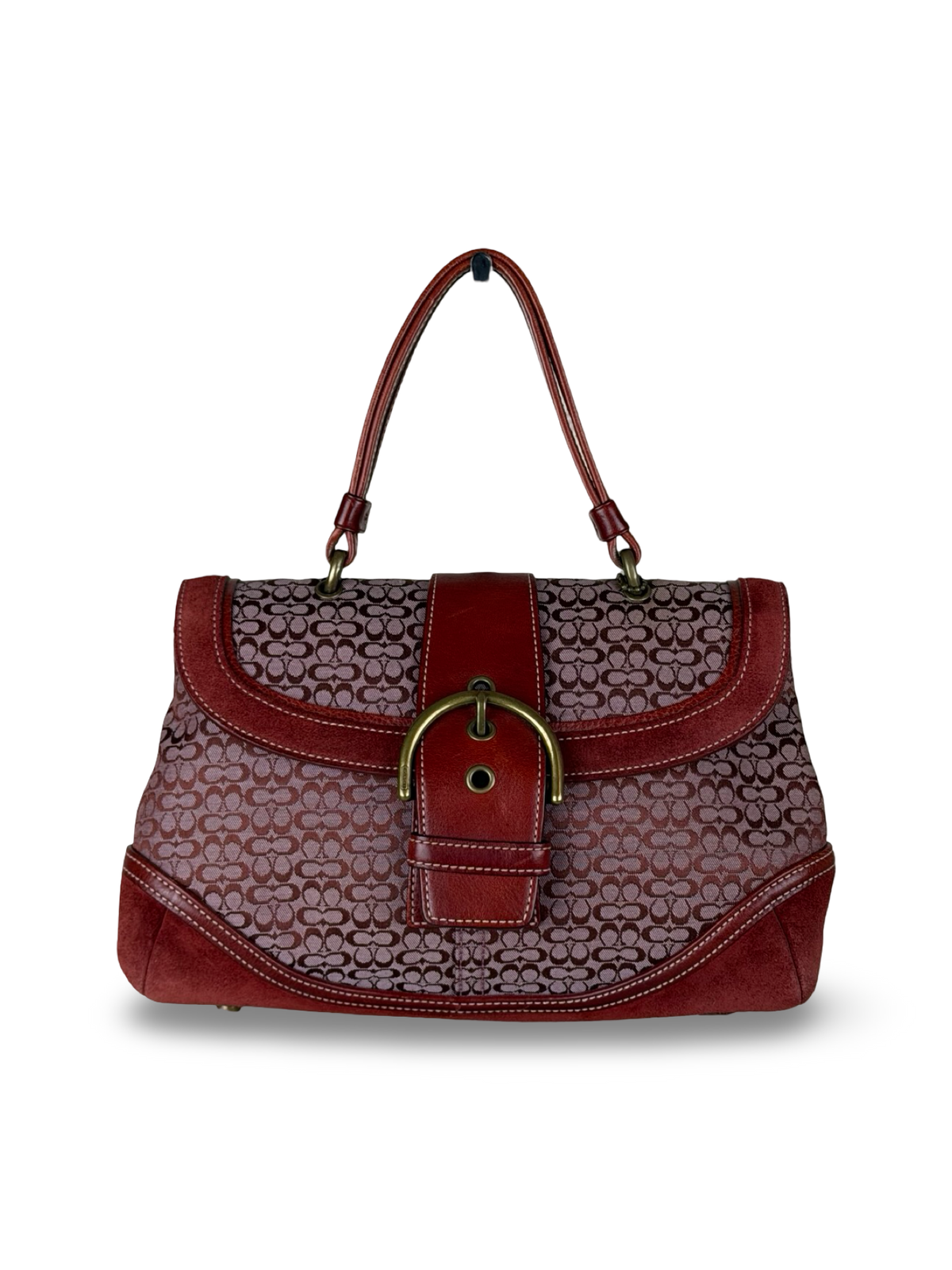 Coach 7078 Rare Soho Red Signature Monogram Hand Bag Leather Trim